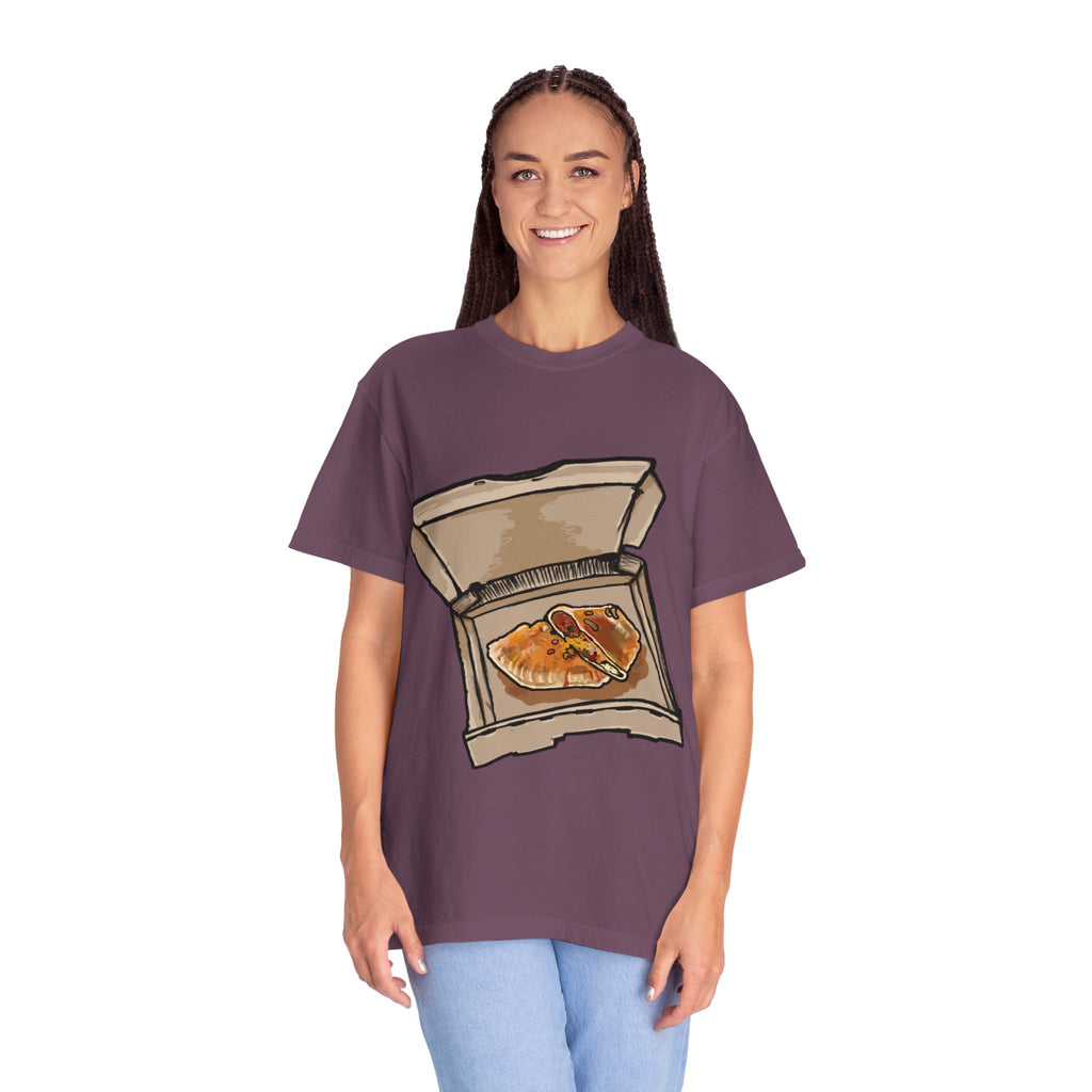 Hand-drawn calzone pizza box t-shirt showing open pizza box with two calzones from PizzaBytes collection

