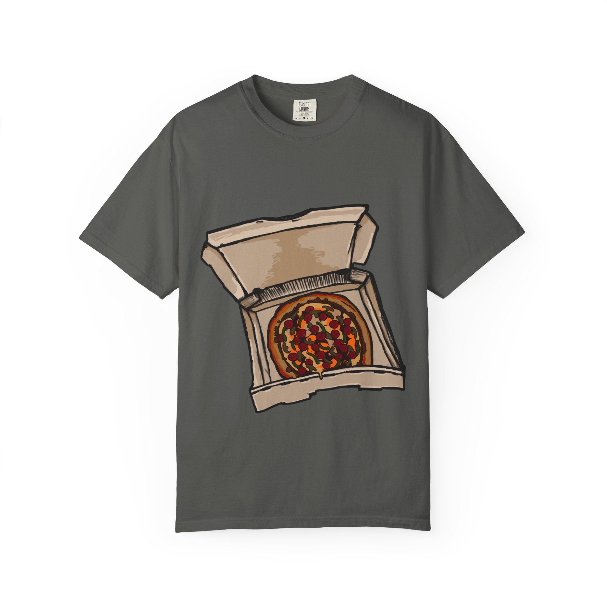 Hand-drawn pepperoni green pepper mushroom pizza box t-shirt showing open pizza box with pepperoni, green pepper and mushroom pizza from PizzaBytes collection

