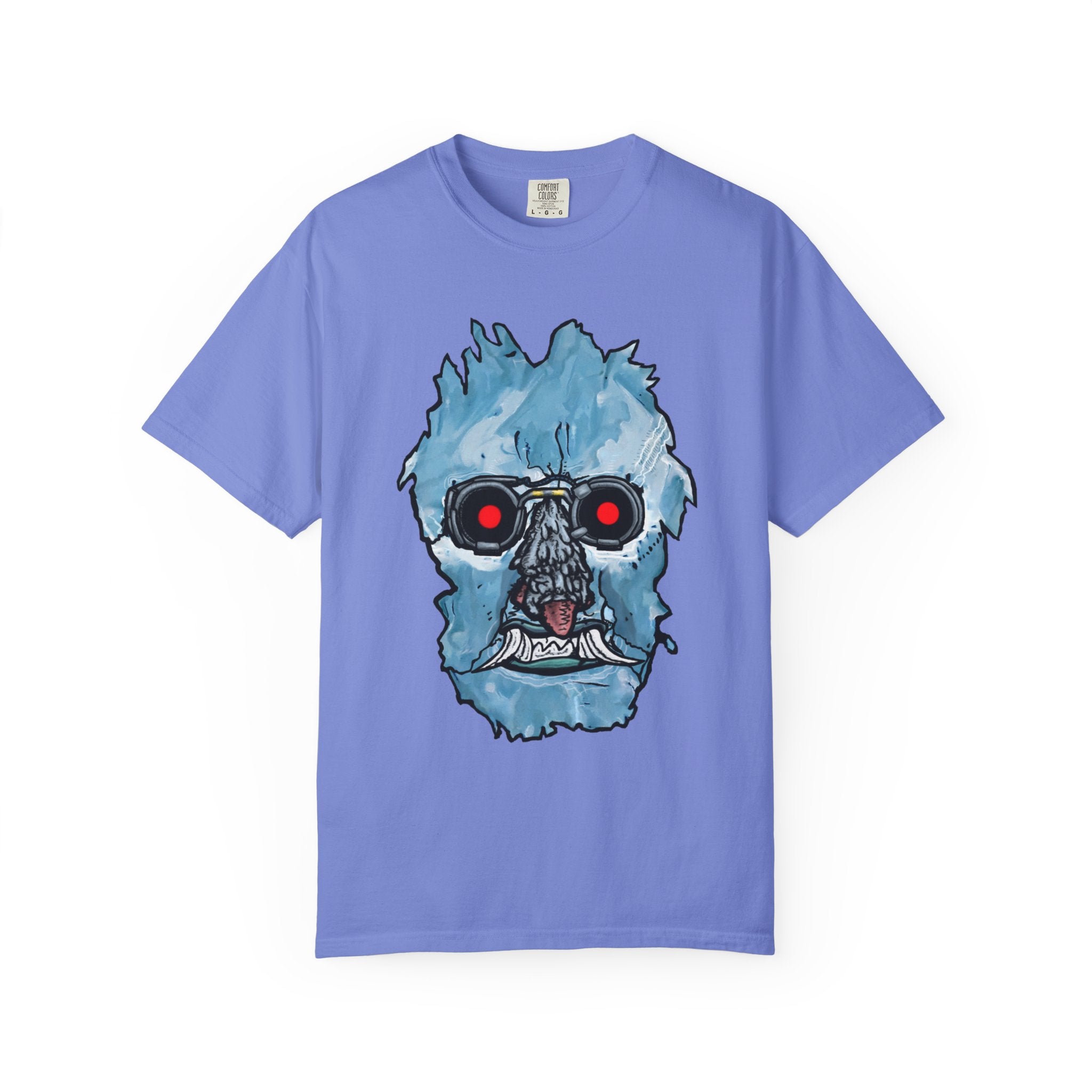 Freaky Features Iceman t-shirt, front shows frozen ice monster head with red goggles and fangs, back shows open pizza box with ice pizza inside
