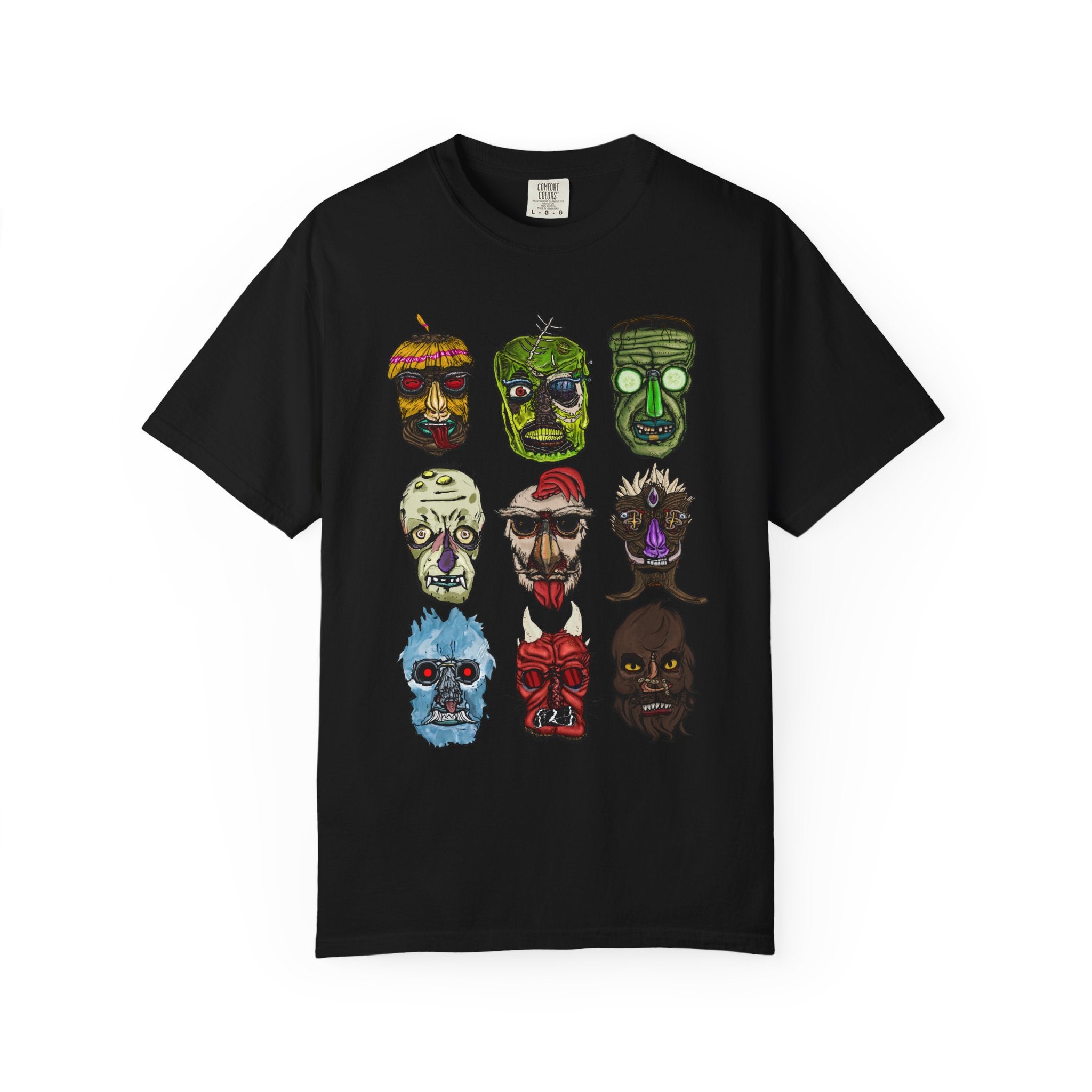 Freaky Features Collective #1 Mirrored t-shirt, front and back show mirrored 3x3 grids of hand-drawn monster heads from the Freaky Features collection
