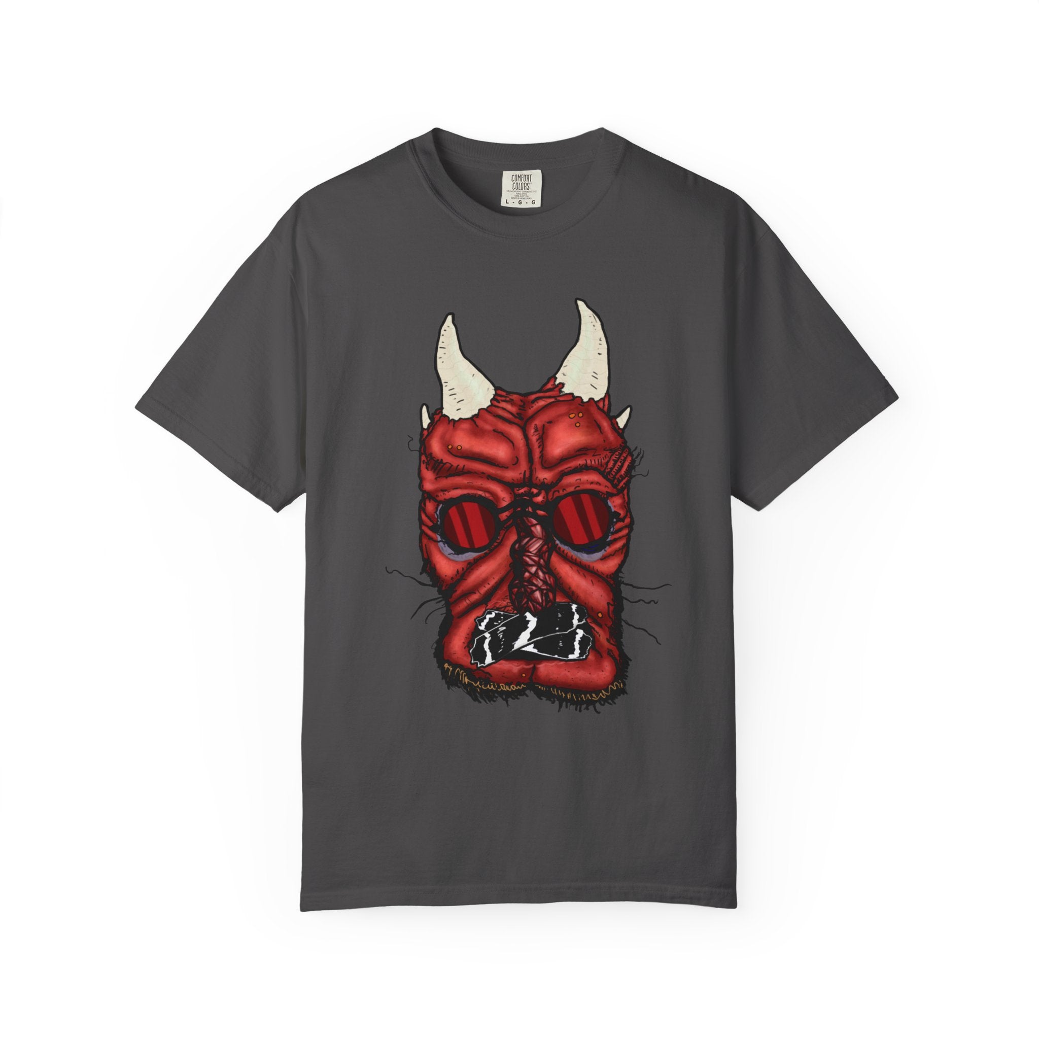 Freaky Features Demon t-shirt, front shows red demon head with horns and glowing eyes, back shows open pizza box being raided by little red devils
