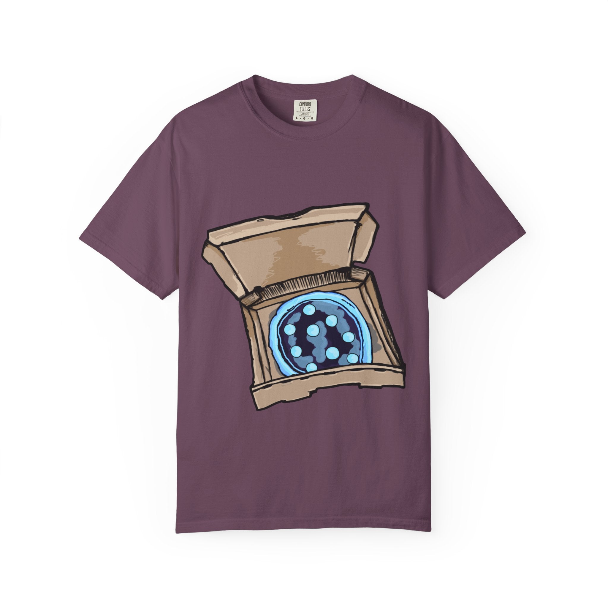 Hand-drawn ice pizza box t-shirt showing open pizza box with glowing blue ice pizza and floating orbs from PizzaBytes collection

