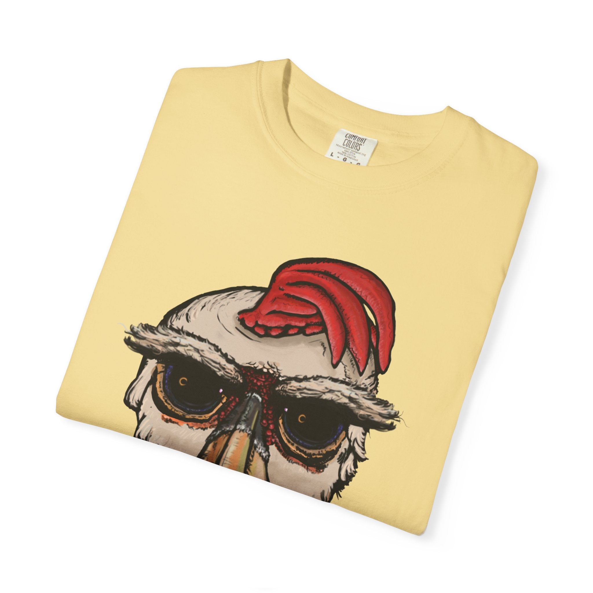 Freaky Features Paranoid Chicken t-shirt, front shows paranoid rooster head, back shows open pizza box with chocolate donut