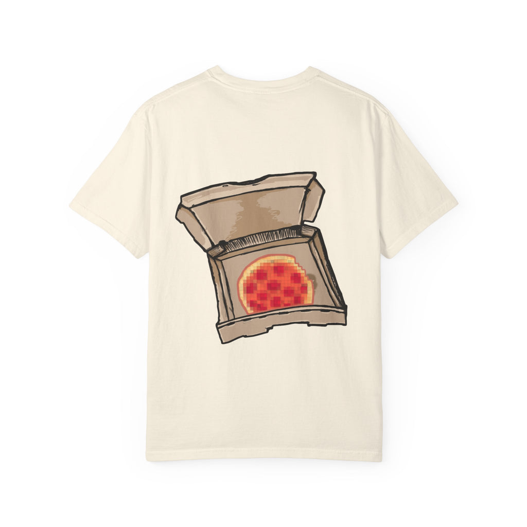 GamerPal t-shirt from Freaky Features showing a red Game Console turned into a walking pizza monster with mechanical limbs on dark gray tee
Paired with the GamerPal front design, this creates a complete story: your Game Console monster just ordered takeout… and it’s pixelated perfection.


