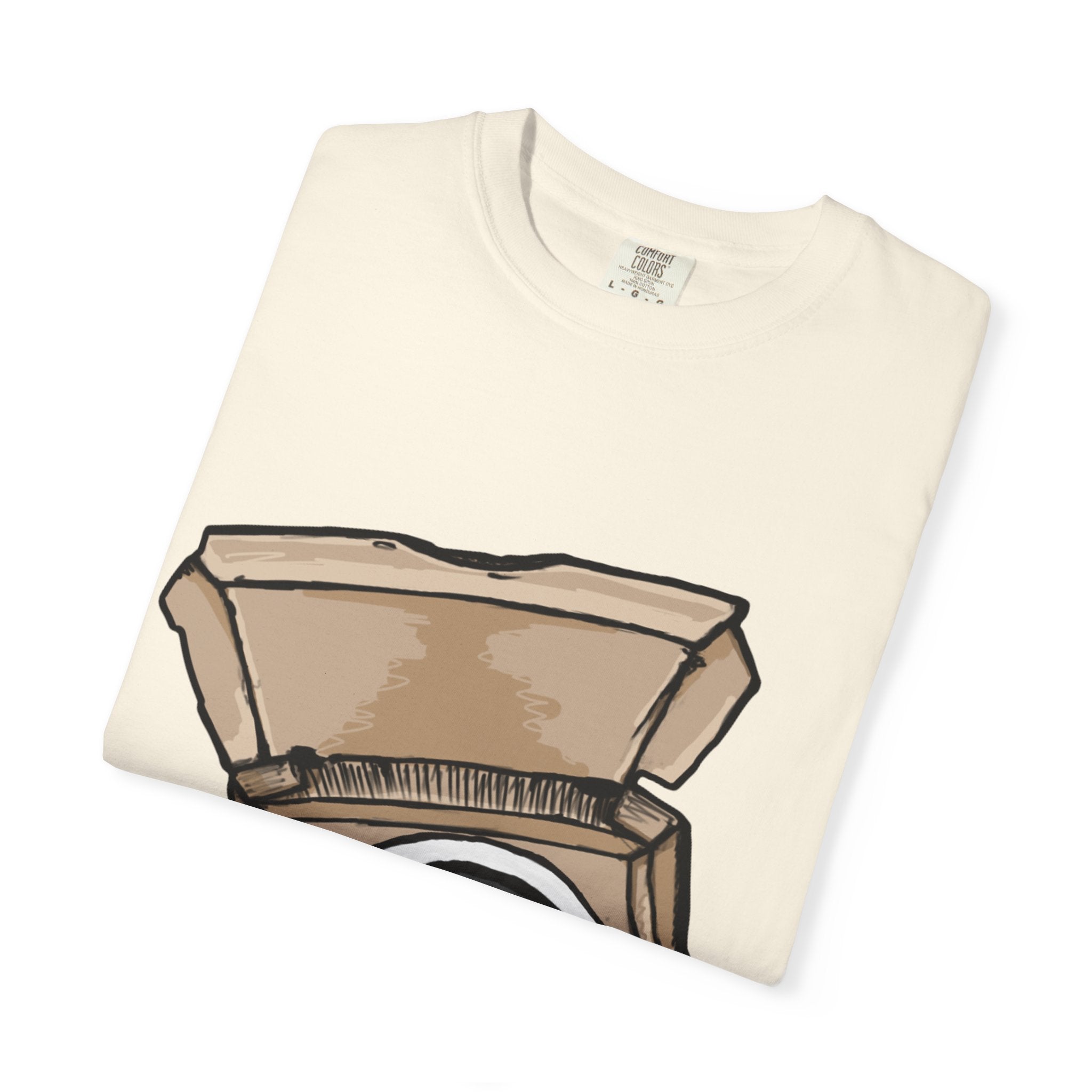 Hand-drawn swirl hypno pizza box t-shirt showing open pizza box with hypnotic spiral pattern from PizzaBytes collection
