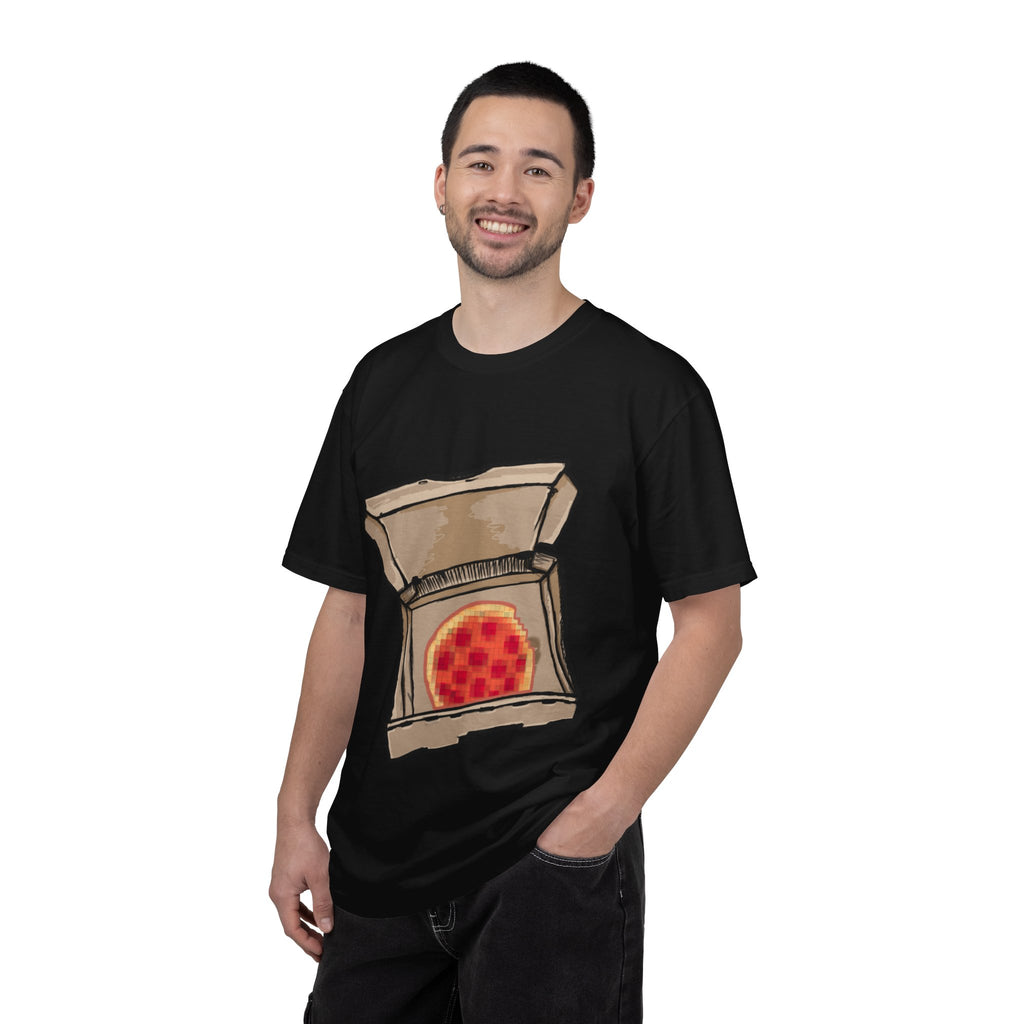 Hand-drawn pixel pizza box t-shirt showing open pizza box with 8-bit pixel art pepperoni pizza from PizzaBytes collection

