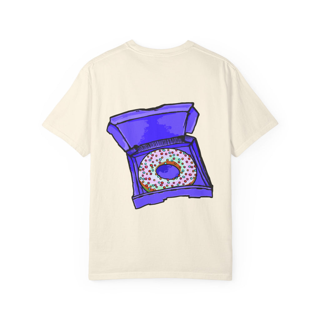 Freaky Features Brian t-shirt, front shows purple brain monster with tentacles, back shows open purple pizza box with a donut inside