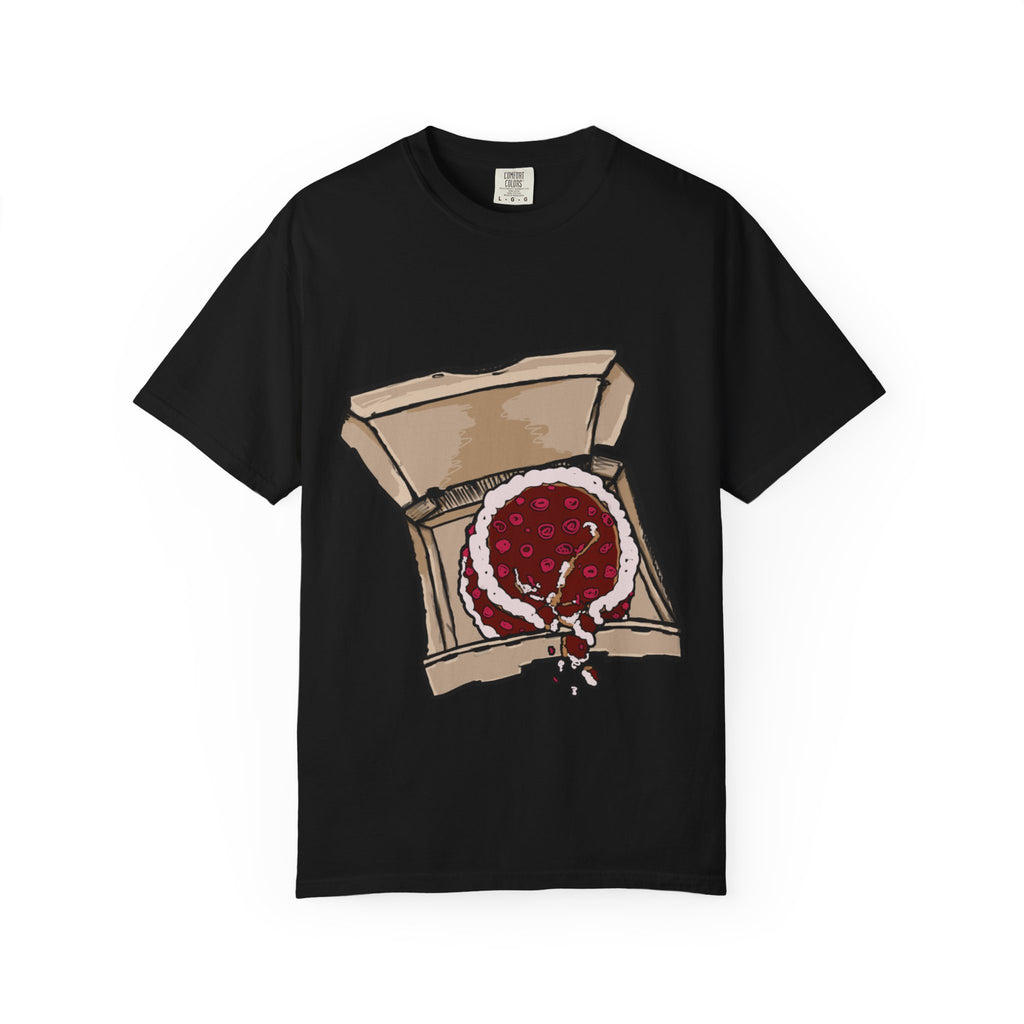 Hand-drawn cake pizza box t-shirt showing open pizza box with melting cake from PizzaBytes collection

