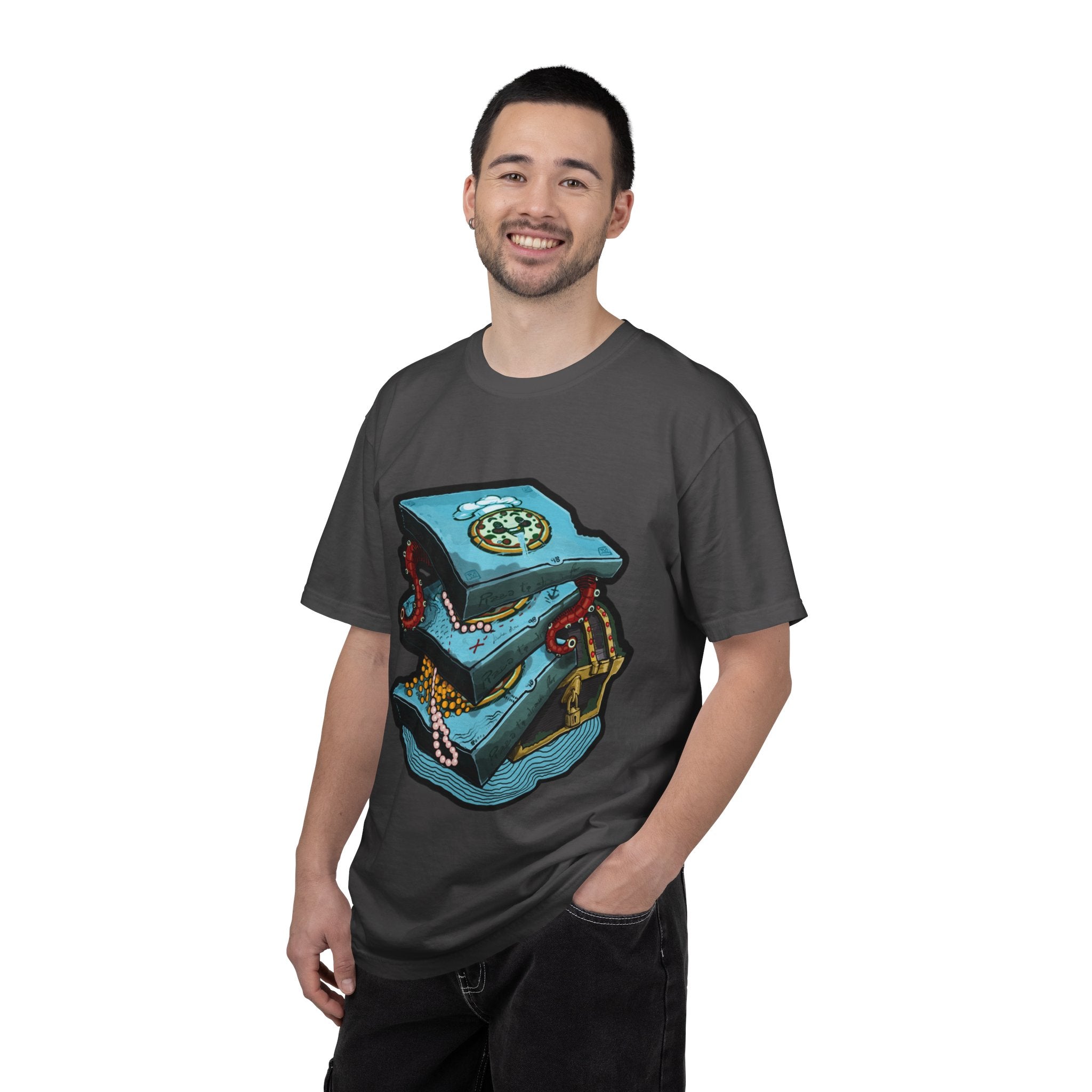 Hand-drawn pizza treasure chest t-shirt with stacked pizza boxes, gold coins, pearls, red octopus tentacles and pirate chest on Comfort Colors tee from PizzaBytes collection