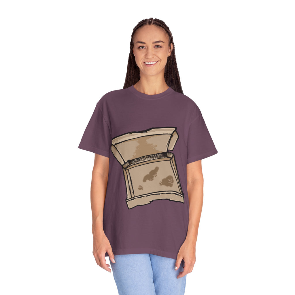 Hand-drawn empty pizza box t-shirt showing open box with grease stains on Comfort tee from PizzaBytes collection
