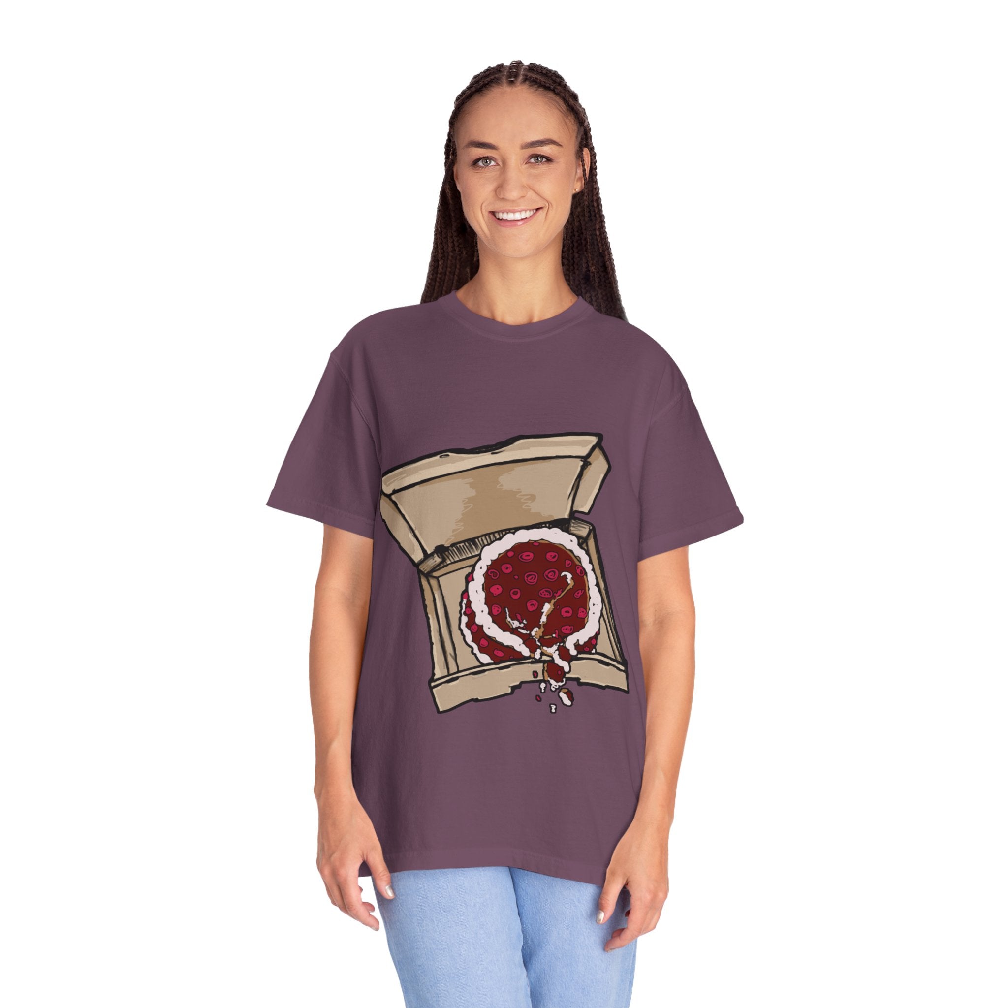 Hand-drawn cake pizza box t-shirt showing open pizza box with melting cake from PizzaBytes collection

