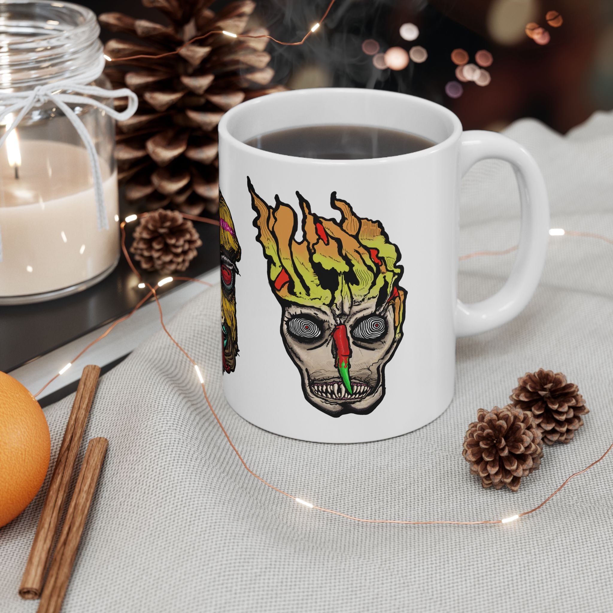 Freaky Features Ghost HorrorBird Flaming Skull mug showing three monster designs: creepy ghost with weapons, horror rooster, and flaming skull with chili nose on white ceramic mug