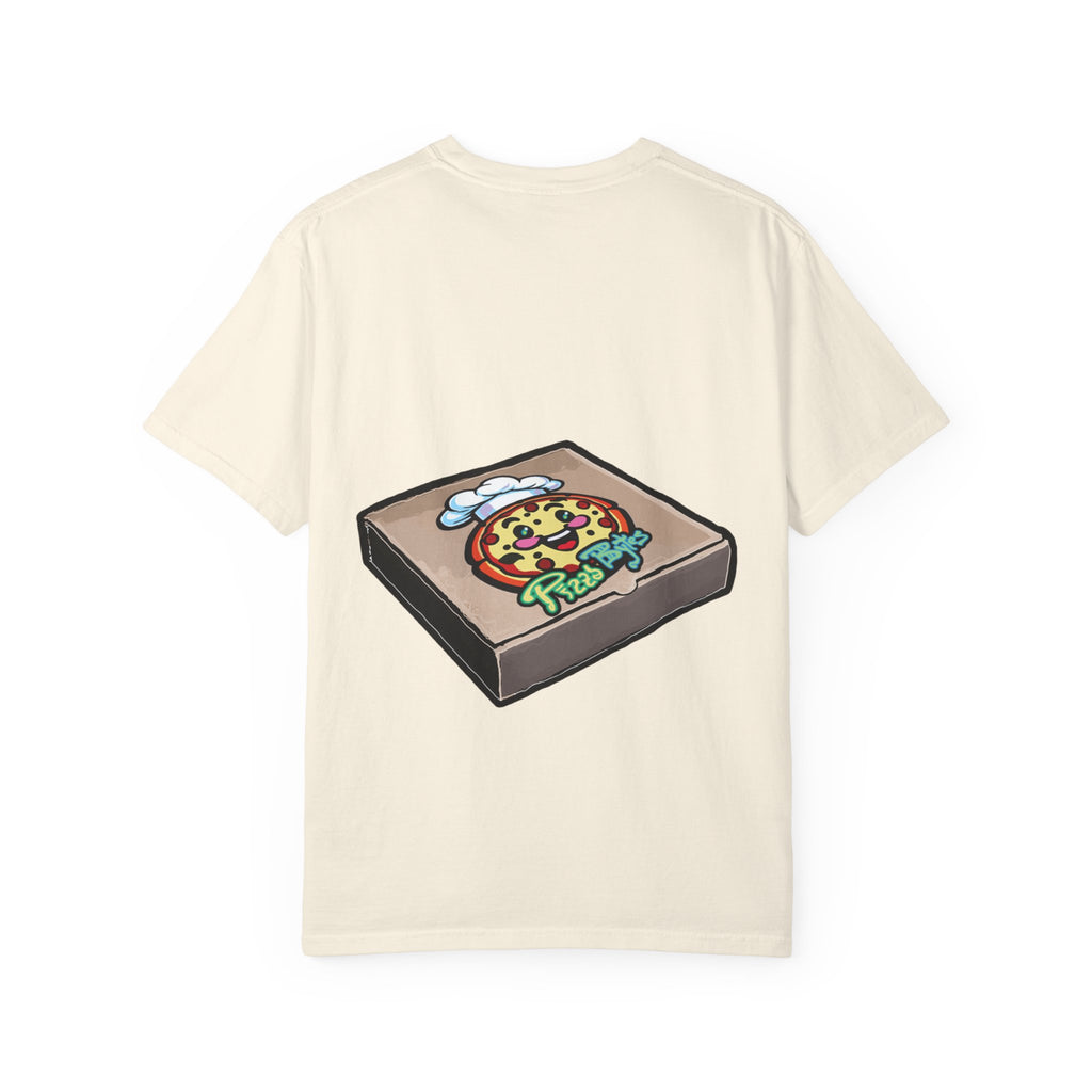 Hand-drawn cherry pie pizza box t-shirt showing open pizza box with lattice-top cherry pie from PizzaBytes collection

