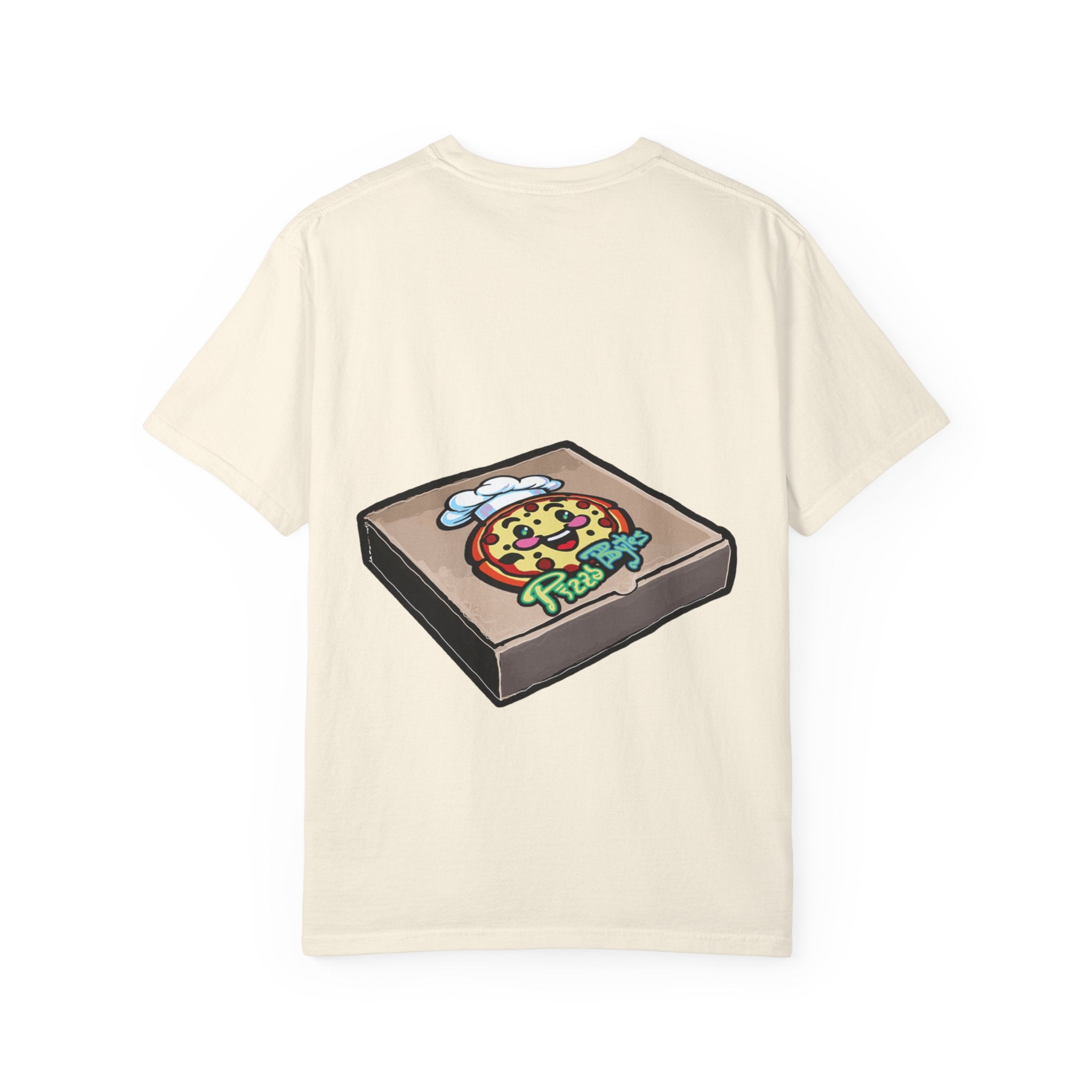 Hand-drawn cherry pie pizza box t-shirt showing open pizza box with lattice-top cherry pie from PizzaBytes collection

