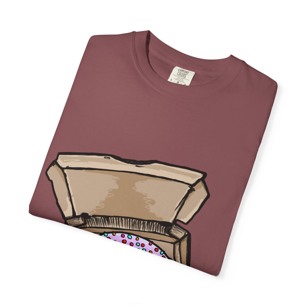 Hand-drawn rainbow donut pizza box t-shirt showing open pizza box with a colorful sprinkle donut from PizzaBytes collection

