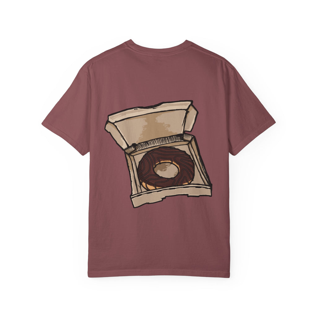 Freaky Features Paranoid Chicken t-shirt, front shows paranoid rooster head, back shows open pizza box with chocolate donut