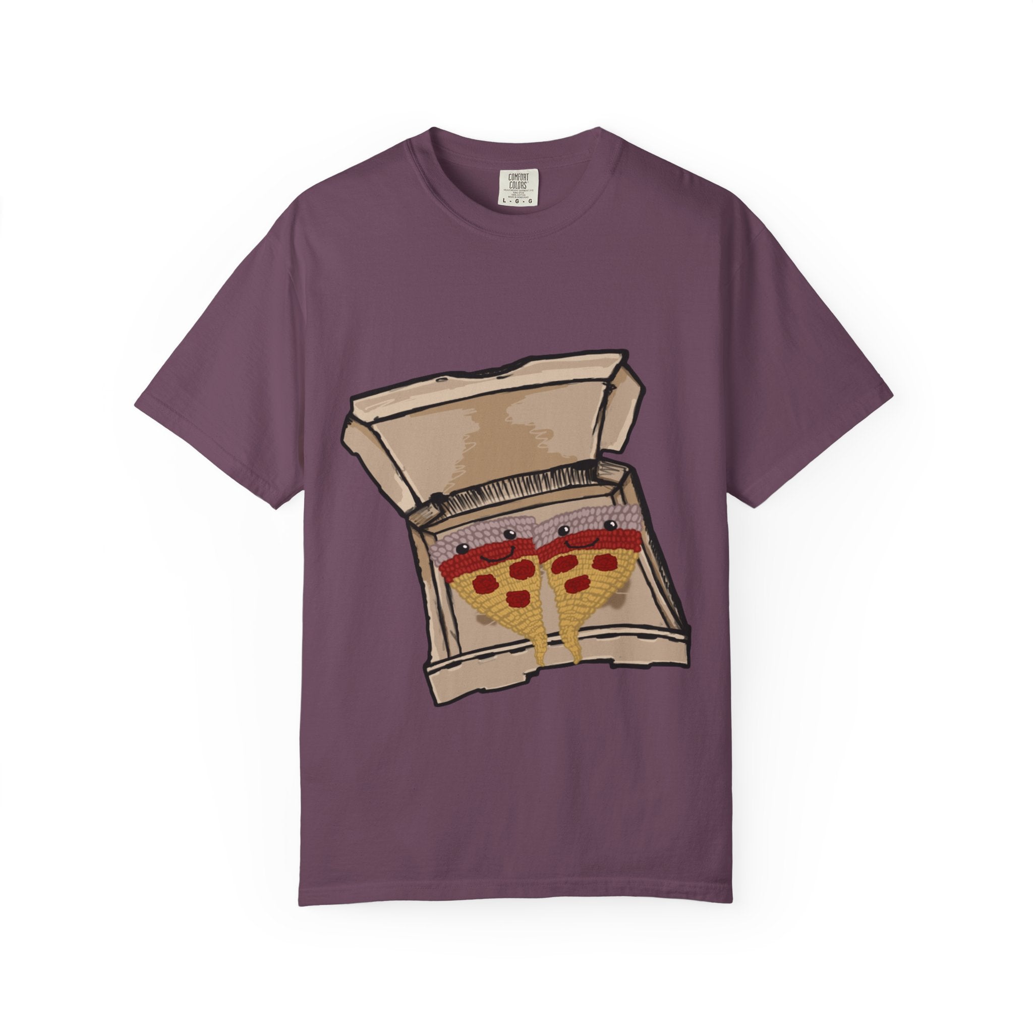 Hand-drawn knitted pizza slices t-shirt showing open pizza box with two smiling knitted pepperoni pizza slices from PizzaBytes collection

