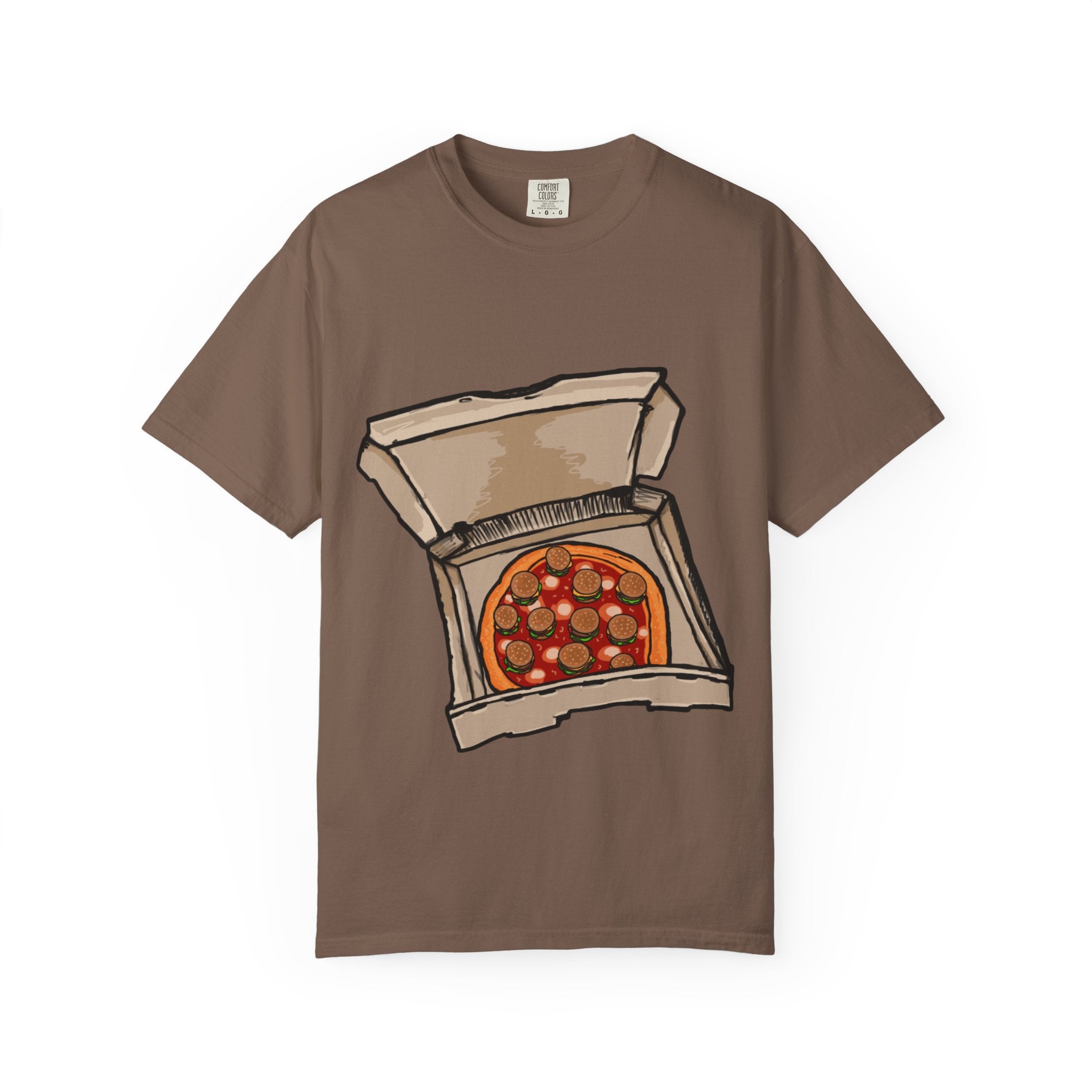 Hand-drawn burger pizza box t-shirt showing open pizza box with pepperoni pizza topped with mini cheeseburgers on Comfort tee from PizzaBytes collection
