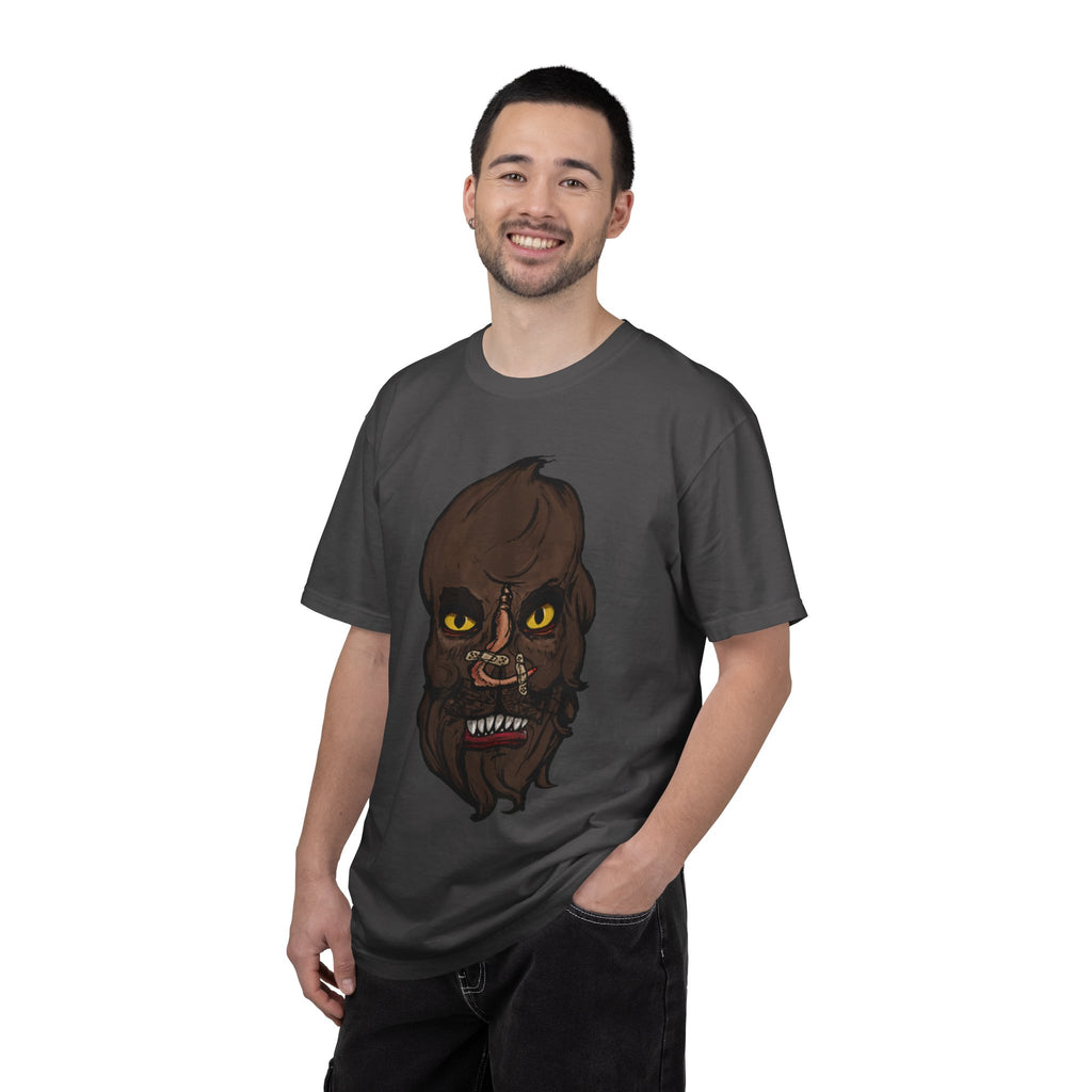 Freaky Features Werewolf t-shirt, front shows werewolf head with glowing yellow eyes and bandaged nose, back shows open pizza box with pepperoni pizza topped with mini cheeseburgers
