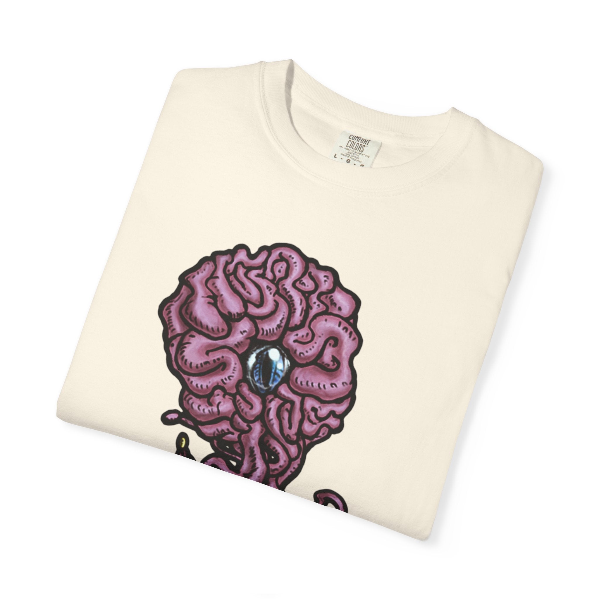 Freaky Features Brian t-shirt, front shows purple brain monster with tentacles, back shows open purple pizza box with a donut inside