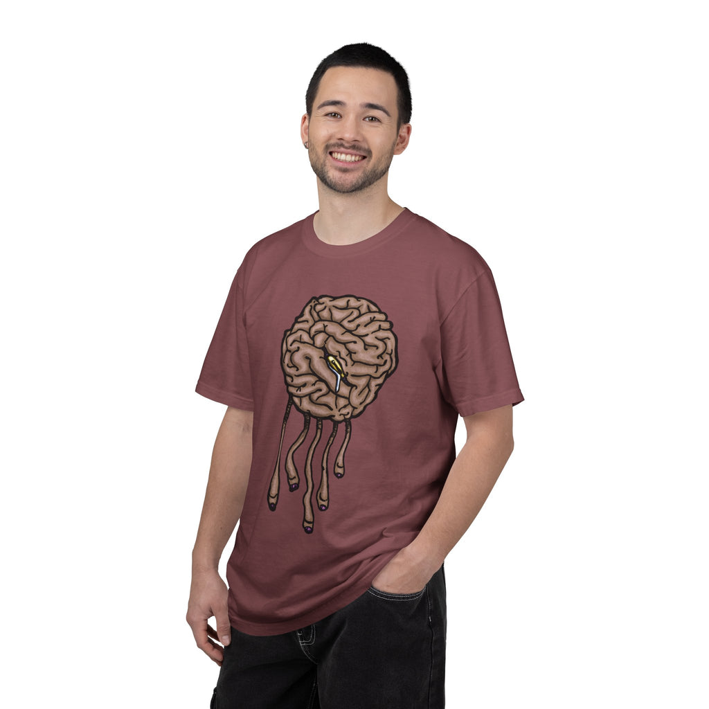 Freaky Features Sad Brian t-shirt, front shows a sad dripping brain monster with tentacles, back shows an open pizza box with half-eaten cake dripping
