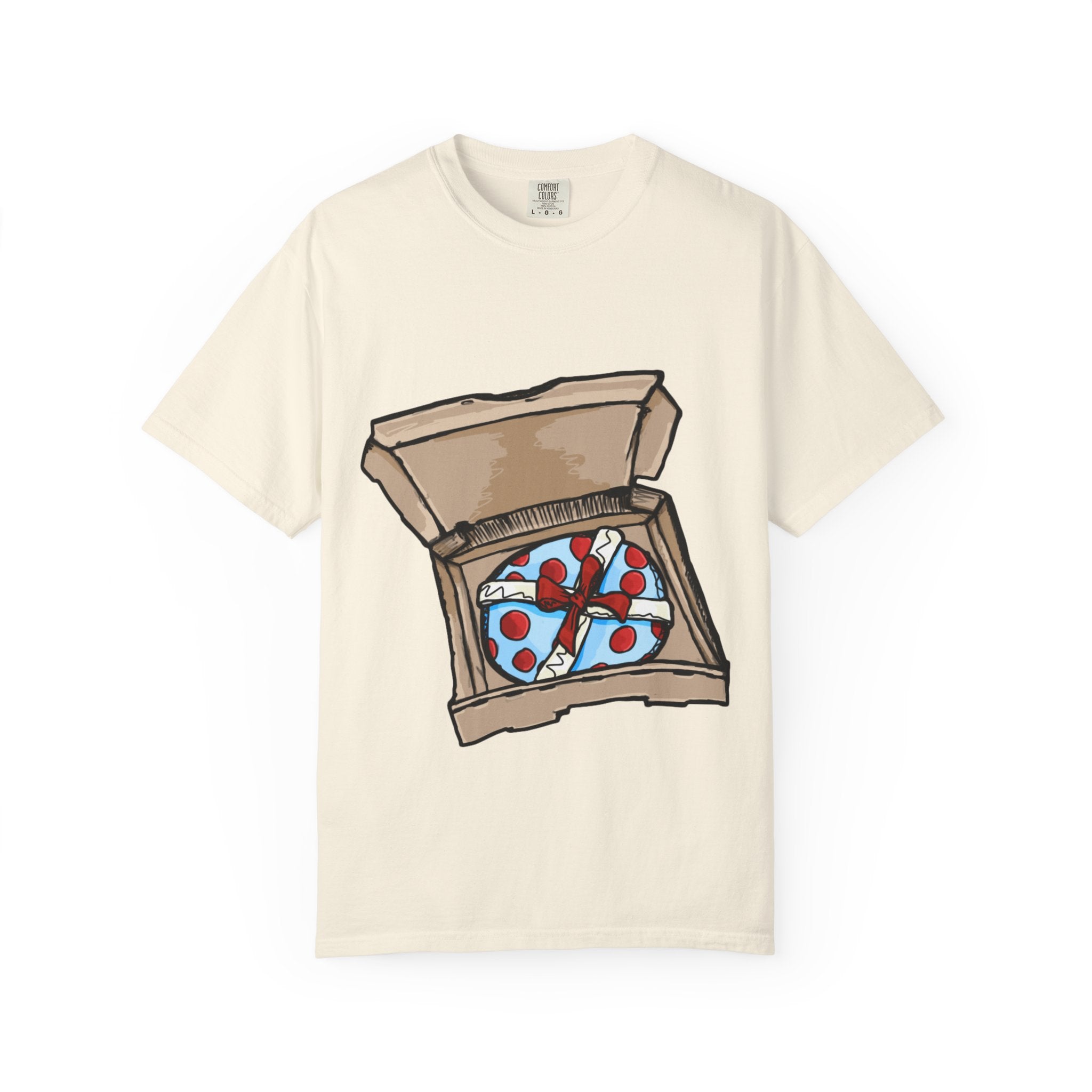 Hand-drawn gift pizza box t-shirt showing open pizza box with blue polka-dotted wrapped gift and red bow on Comfort tee from PizzaBytes collection

