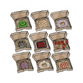 Transparent die-cut sticker set showing 9 open pizza boxes with weird designs: brain pizza, sewer pizza, ghost pizza, jelly pizza and more from PizzaBytes Set #1

