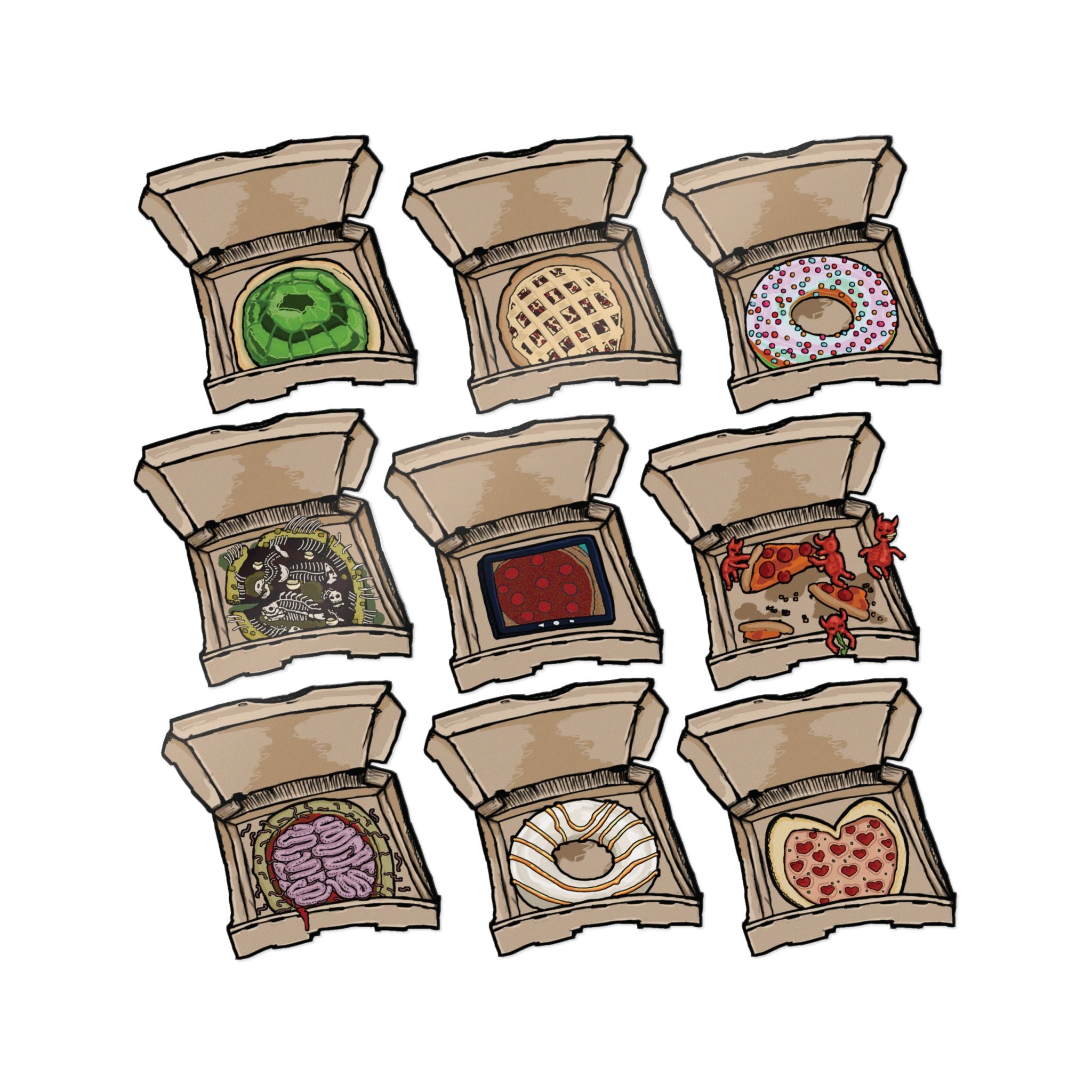 Transparent die-cut sticker set showing 9 open pizza boxes with weird designs: brain pizza, sewer pizza, ghost pizza, jelly pizza and more from PizzaBytes Set #1

