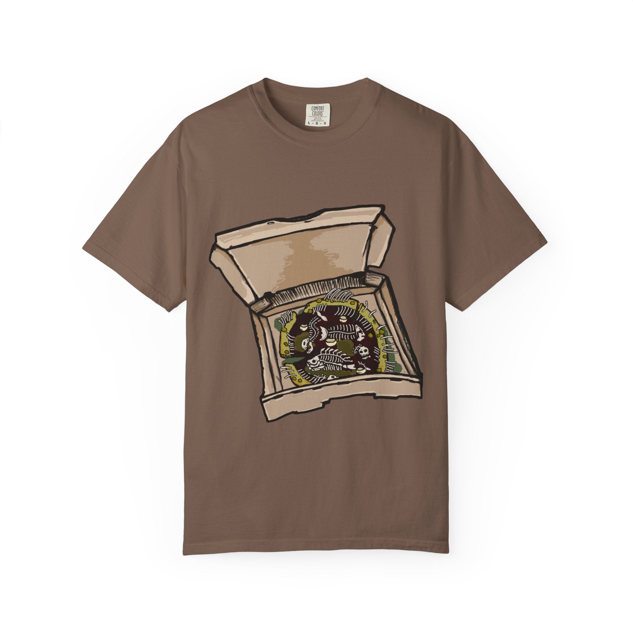 Hand-drawn sewer pizza box t-shirt showing open pizza box with skeletons, bones and green sludge pizza from PizzaBytes collection

