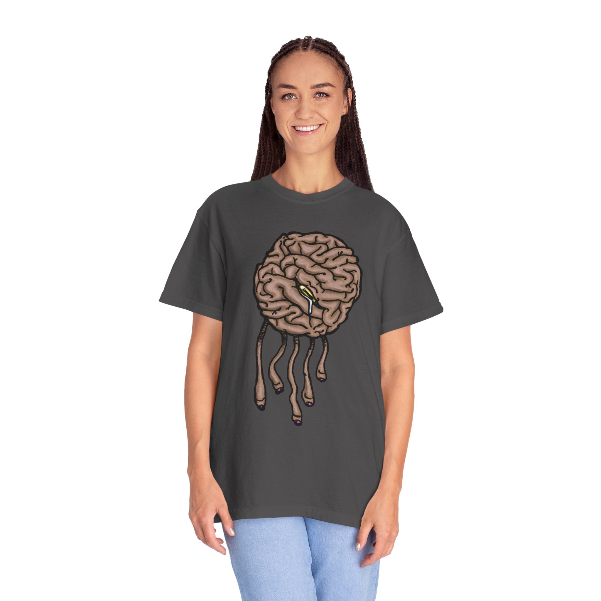 Freaky Features Sad Brian t-shirt, front shows a sad dripping brain monster with tentacles, back shows an open pizza box with half-eaten cake dripping
