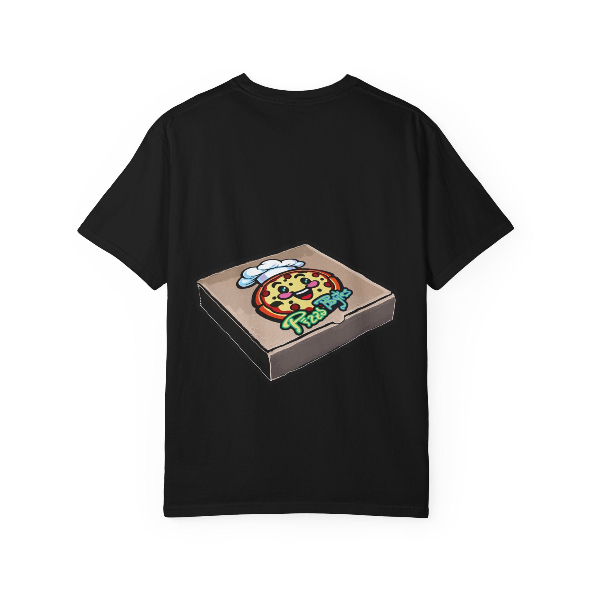 Hand-drawn jelly pizza box t-shirt showing open pizza box with green wobbly jelly pizza from PizzaBytes collection

