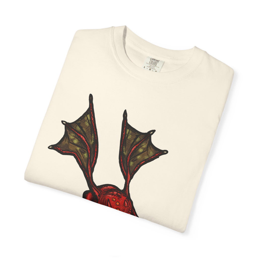 Freaky Features Fire Imp t-shirt, front shows a red bat-winged fire imp, back shows a monster-headed pizza box being raided by little red devils 
