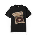 Hand-drawn donut pizza box t-shirt showing open pizza box with chocolate glazed donut from PizzaBytes collection


