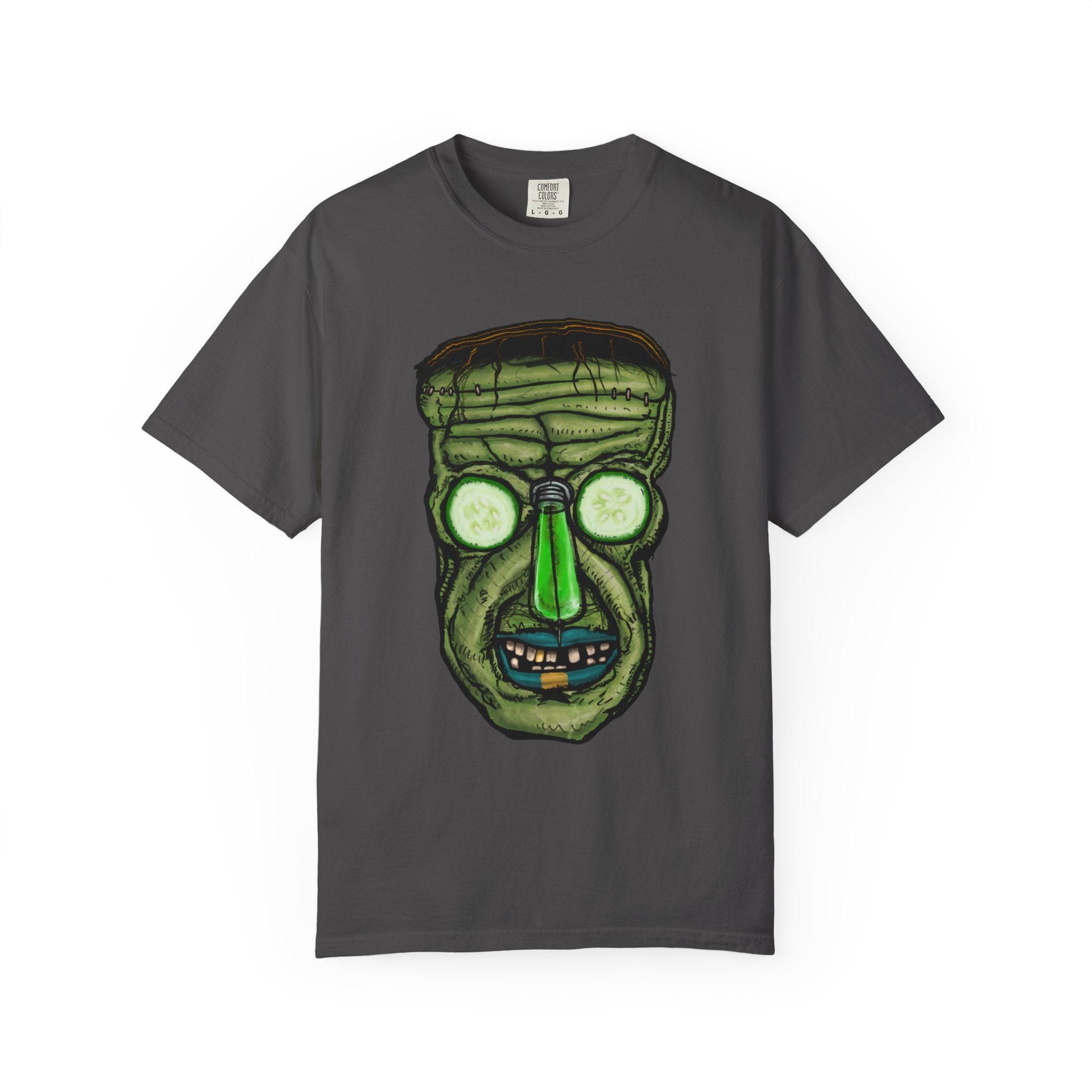 Freaky Features Franky t-shirt, front shows Frankenstein-style monster head with cucumber eyes and poison vial nose, back shows monster-headed pizza box with green pizza frisbee

