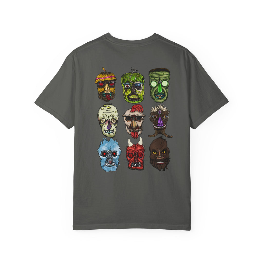 Freaky Features Collective #1 t-shirt, front and back show 3x3 grids of hand-drawn monster heads including alien, robot, melting chocolate, scarecrow, flaming skull, mummy, fishman, ghost, and pumpkinjack


