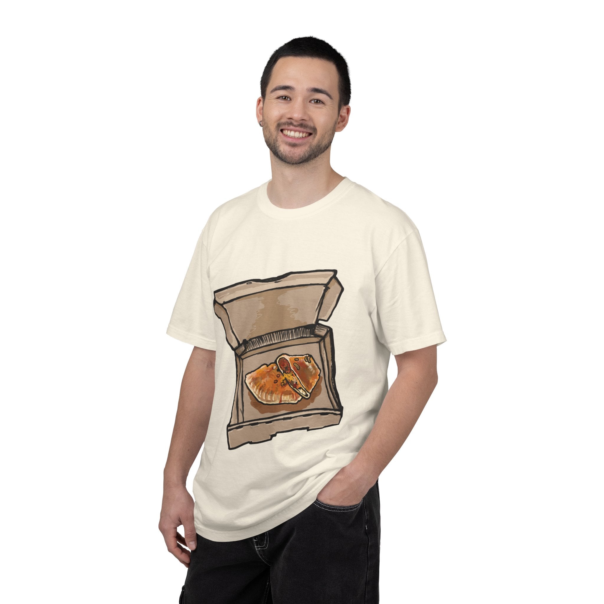 Hand-drawn calzone pizza box t-shirt showing open pizza box with two calzones from PizzaBytes collection

