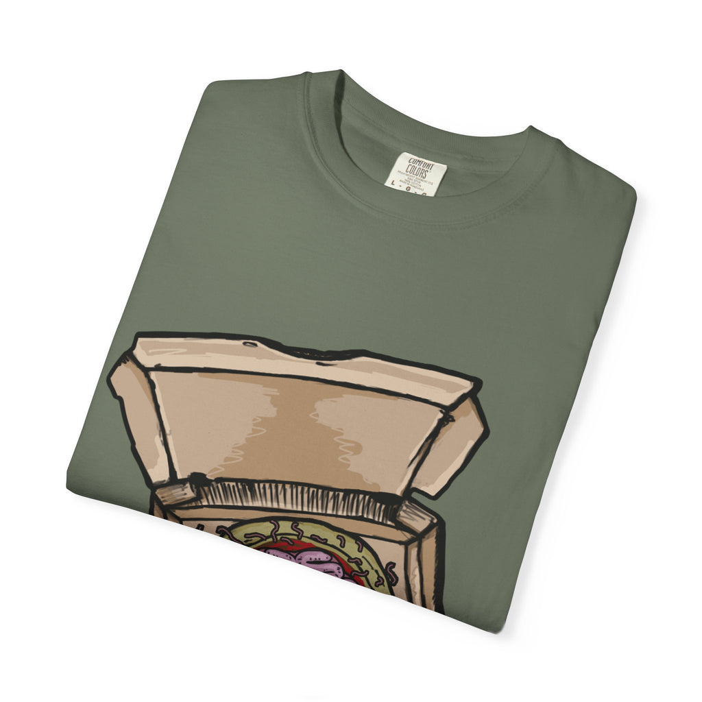 Hand-drawn brain pizza box t-shirt showing open pizza box with a detailed human brain pizza from PizzaBytes collection

