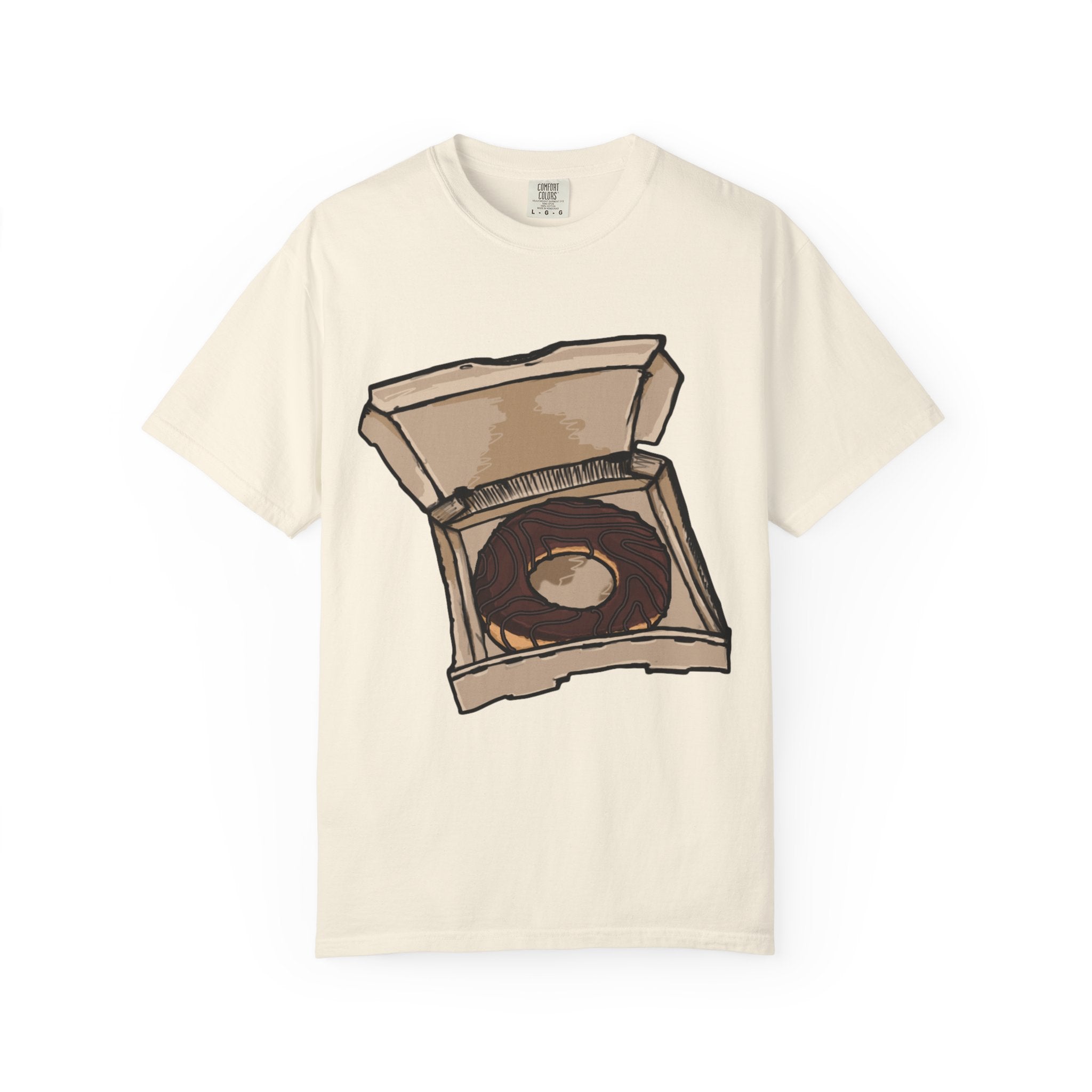 Hand-drawn donut pizza box t-shirt showing open pizza box with chocolate glazed donut from PizzaBytes collection

