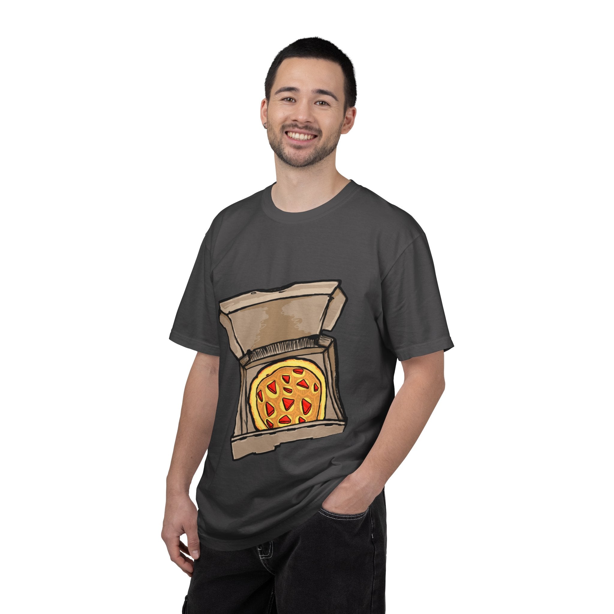 Hand-drawn gold pizza box t-shirt showing open pizza box with gold pizza and red diamond toppings from PizzaBytes collection

