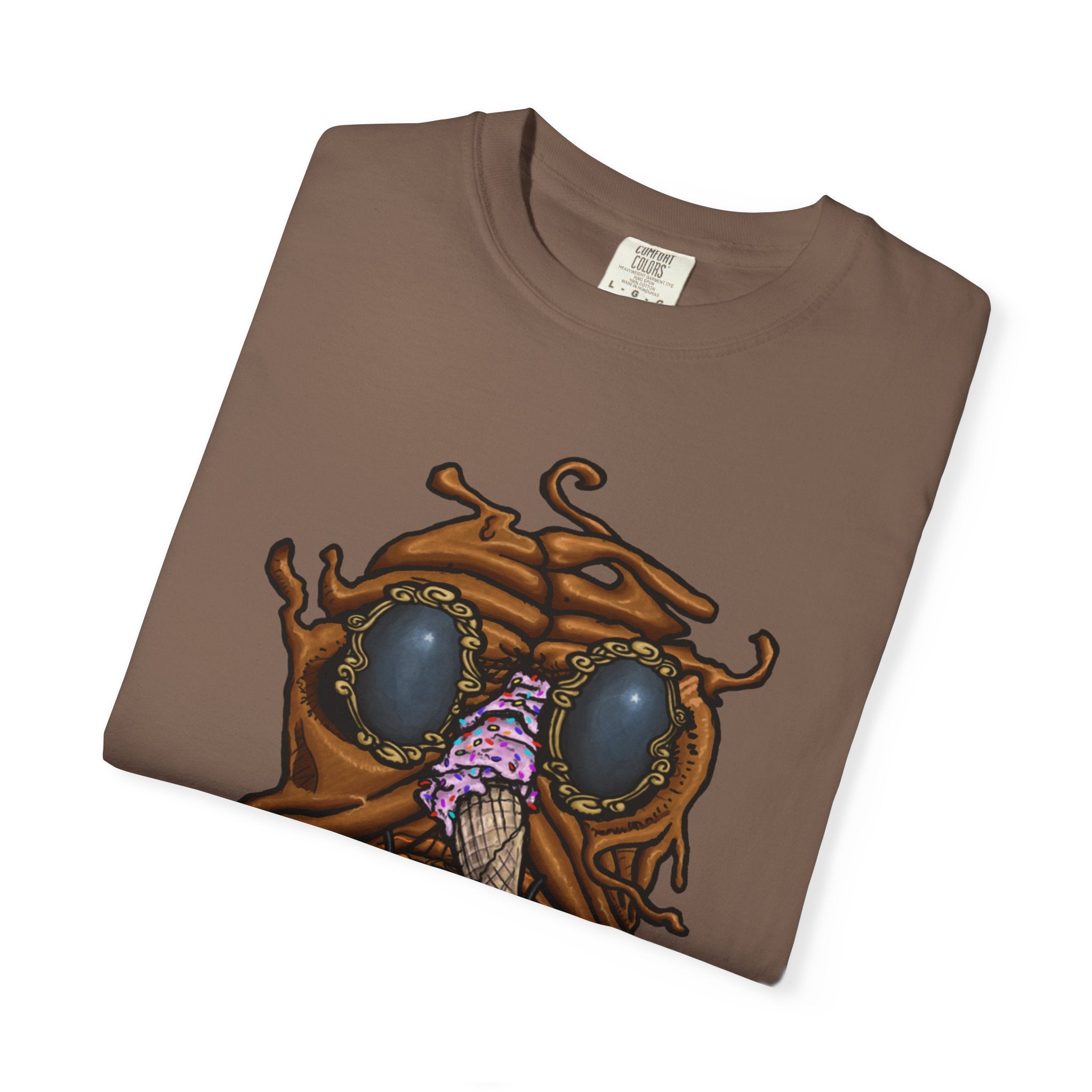 Freaky Features Sandi t-shirt, front shows melting chocolate monster head with ice cream cone nose, back shows open pizza box with donut inside

