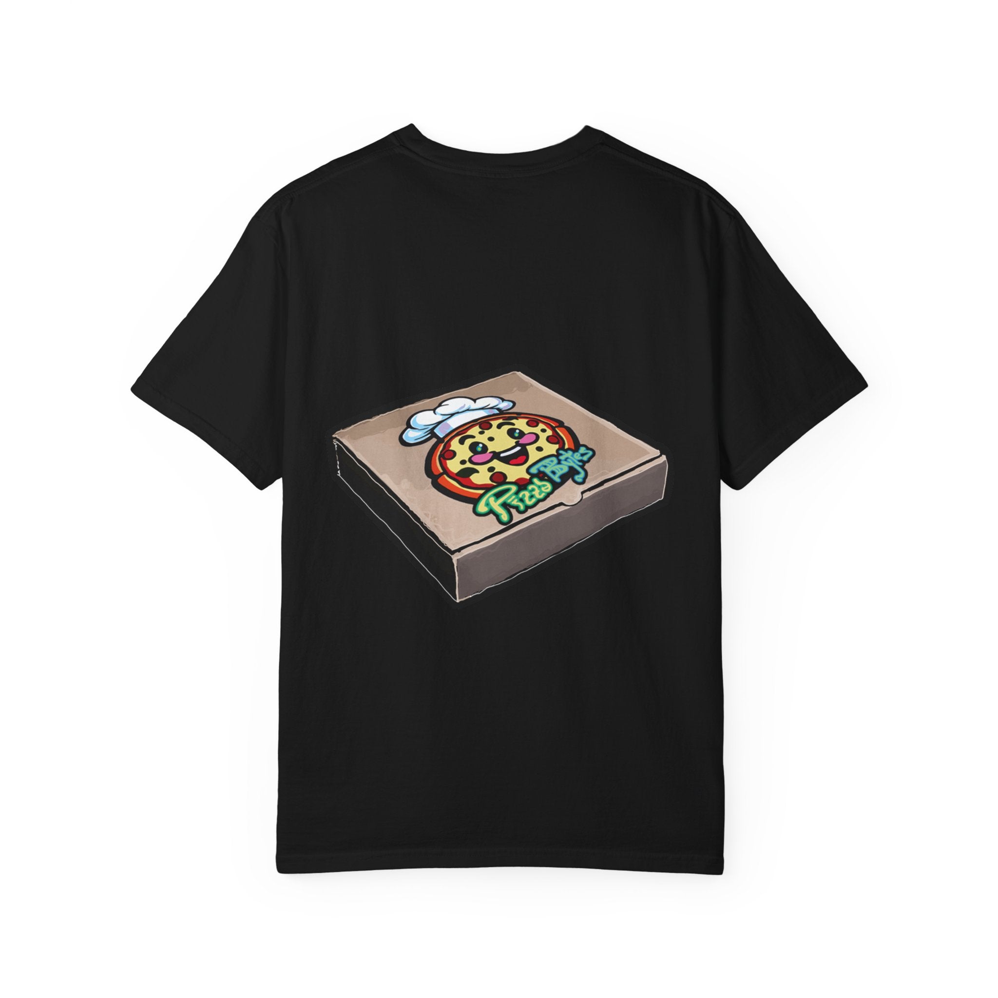 Hand-drawn rainbow donut pizza box t-shirt showing open pizza box with a colorful sprinkle donut from PizzaBytes collection

