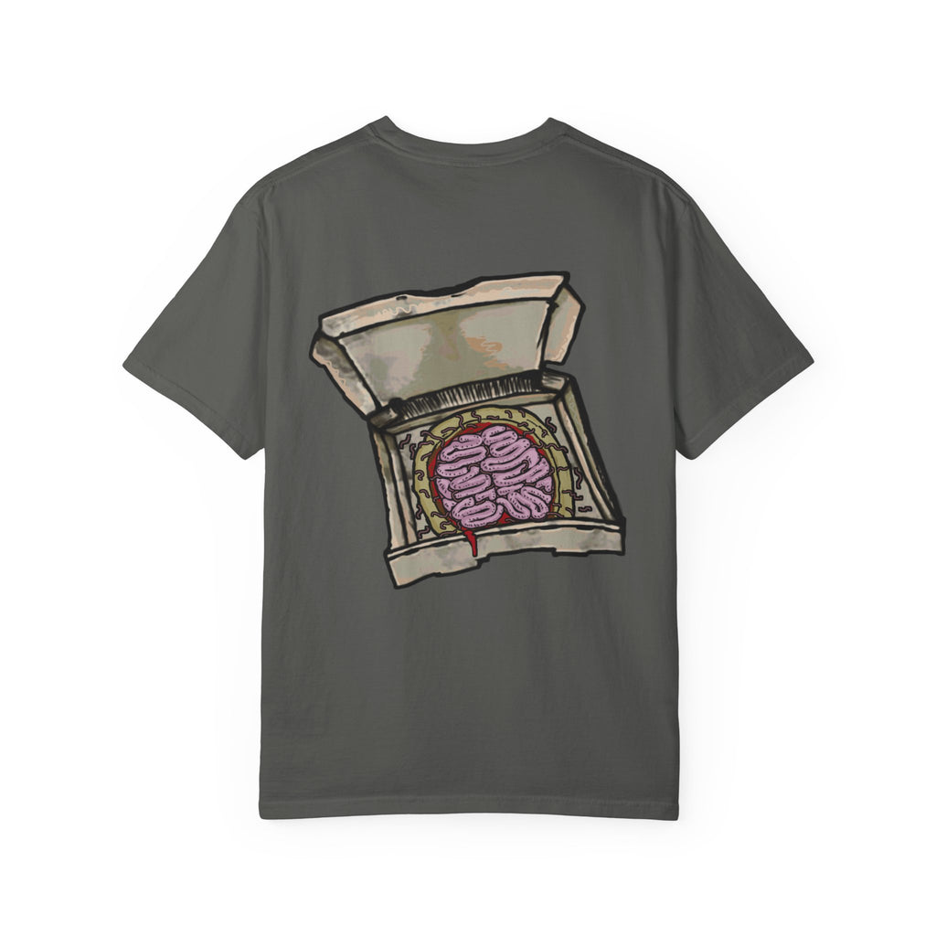 Freaky Features Mummy t-shirt, front shows bandaged mummy head with exposed brain and glowing eyes, back shows open pizza box with brain pizza and worms
