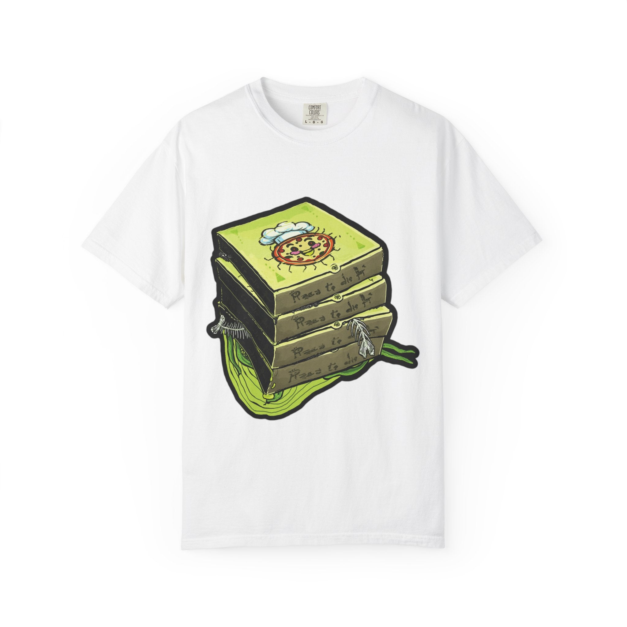 Hand-drawn toxic pizza stack t-shirt with glowing green pizza character and slimy tentacle on tee from PizzaBytes collection

