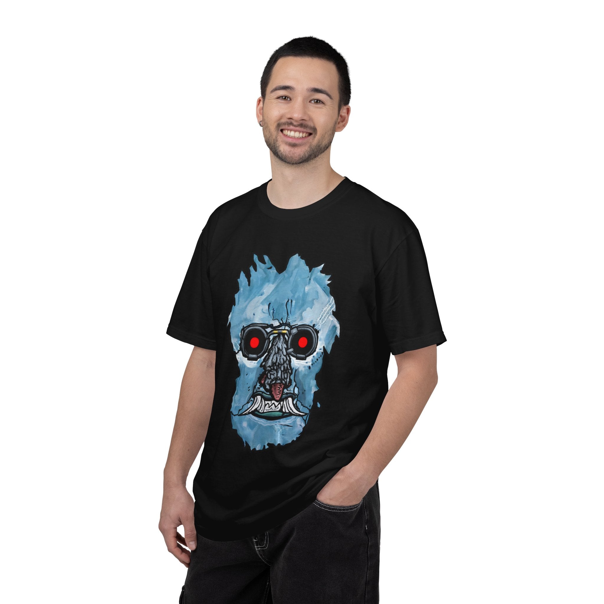 Freaky Features Iceman t-shirt, front shows frozen ice monster head with red goggles and fangs, back shows open pizza box with ice pizza inside
