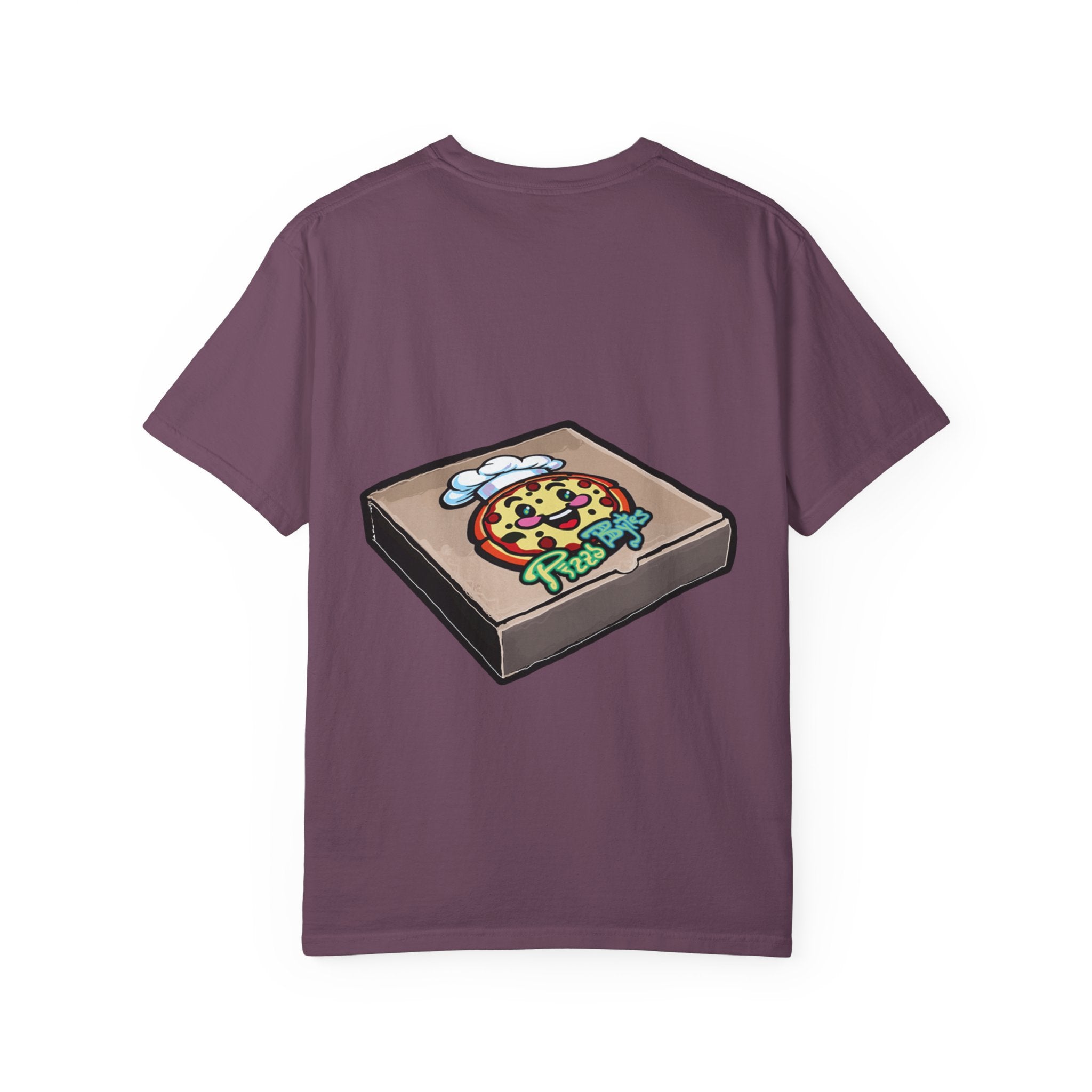 Hand-drawn toxic pizza stack t-shirt with glowing green pizza character and slimy tentacle on tee from PizzaBytes collection