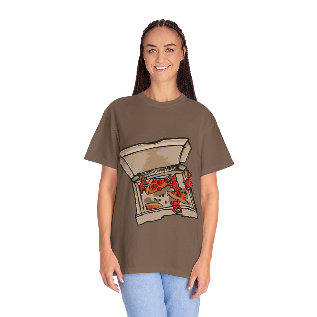 Hand-drawn little devils pizza box t-shirt showing open pizza box with cute red devils eating and stealing pepperoni pizza slices from PizzaBytes collection

