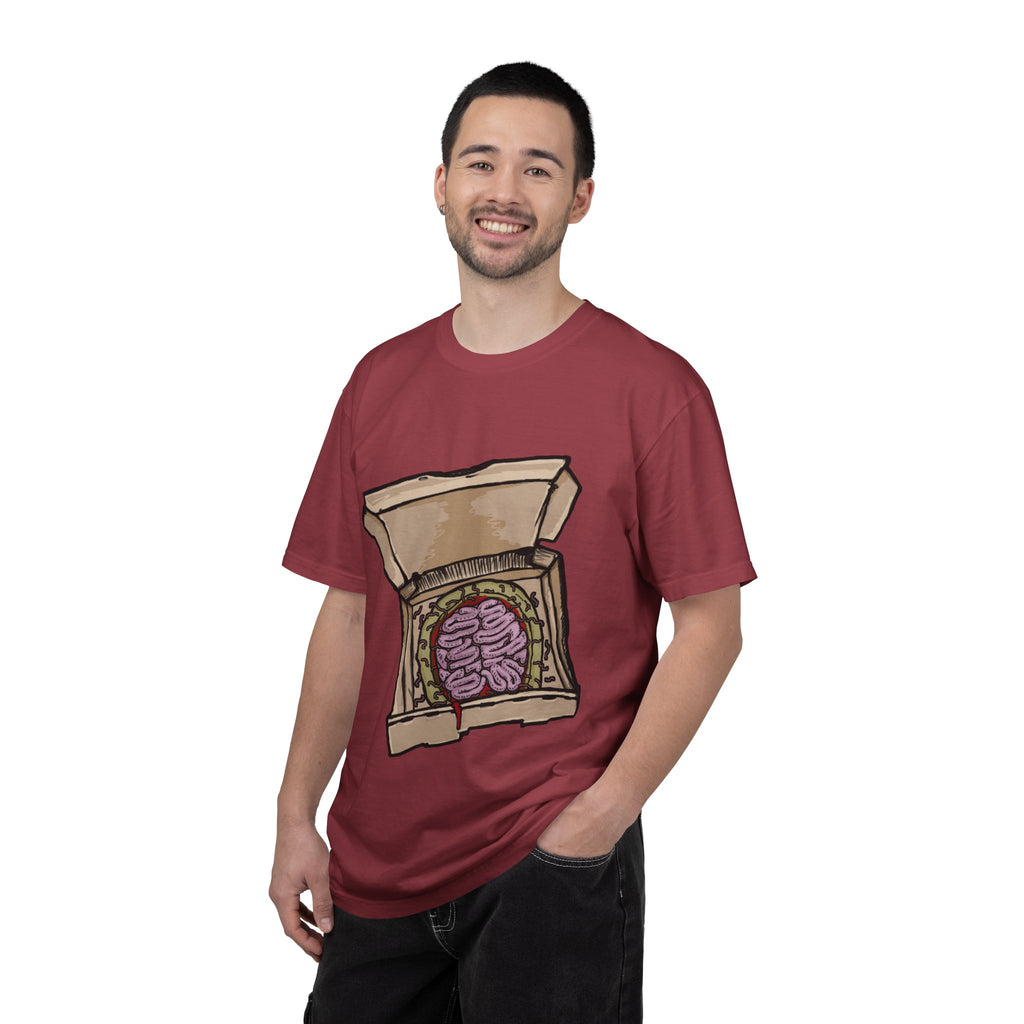 Hand-drawn brain pizza box t-shirt showing open pizza box with a detailed human brain pizza from PizzaBytes collection

