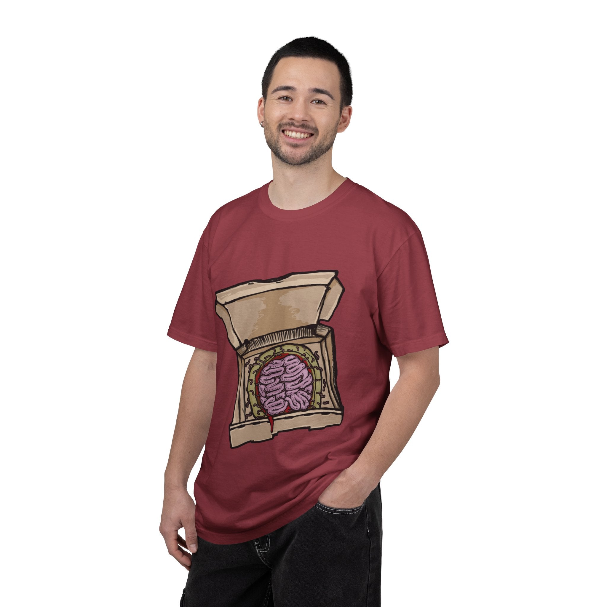 Hand-drawn brain pizza box t-shirt showing open pizza box with a detailed human brain pizza from PizzaBytes collection

