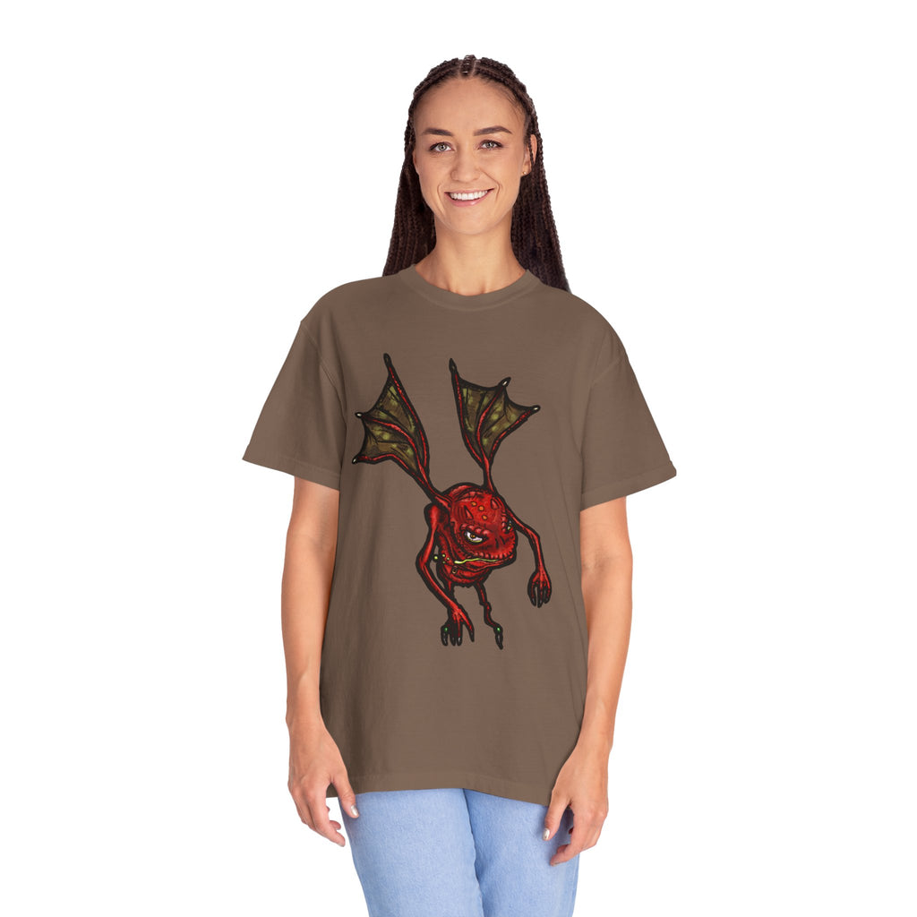 Freaky Features Fire Imp t-shirt, front shows a red bat-winged fire imp, back shows a monster-headed pizza box being raided by little red devils 
