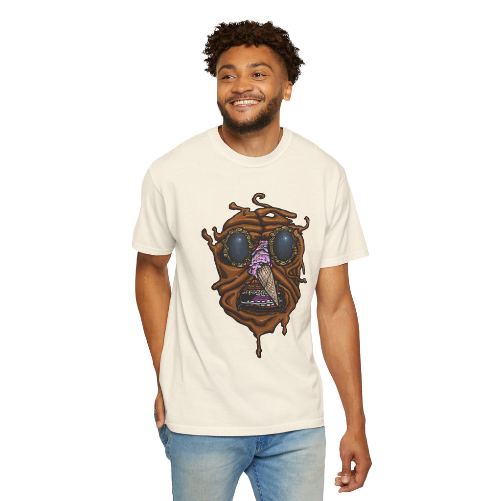 Freaky Features Sandi t-shirt, front shows melting chocolate monster head with ice cream cone nose, back shows open pizza box with donut inside

